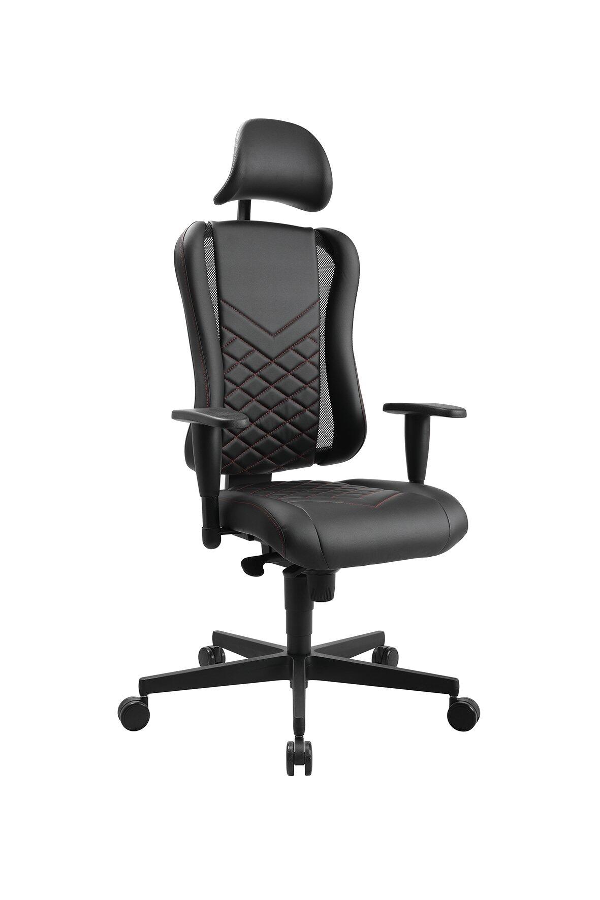 Gaming Chair 30: Schwarzer Bürostuhl mit roten Akzenten, strukturierter Rückenlehne, verstellbarer Kopfstütze und Armlehnen auf schwarzem Fußkreuz mit Rollen.