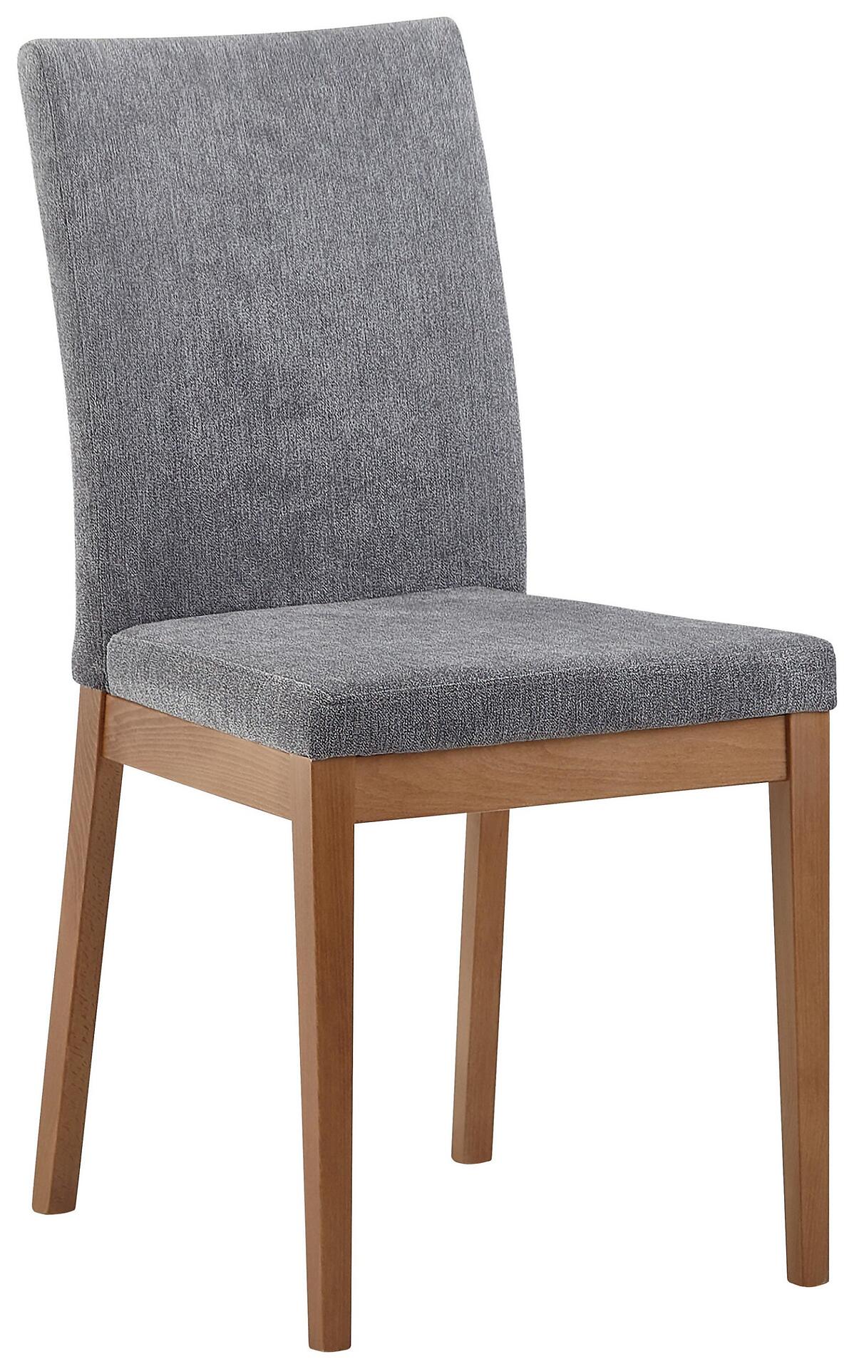 Stuhl Sandra mit grauem Bezug, hochlehniger trapezförmiger Rückenlehne und schlanken, leicht geneigten Holzbeinen im modernen Design.