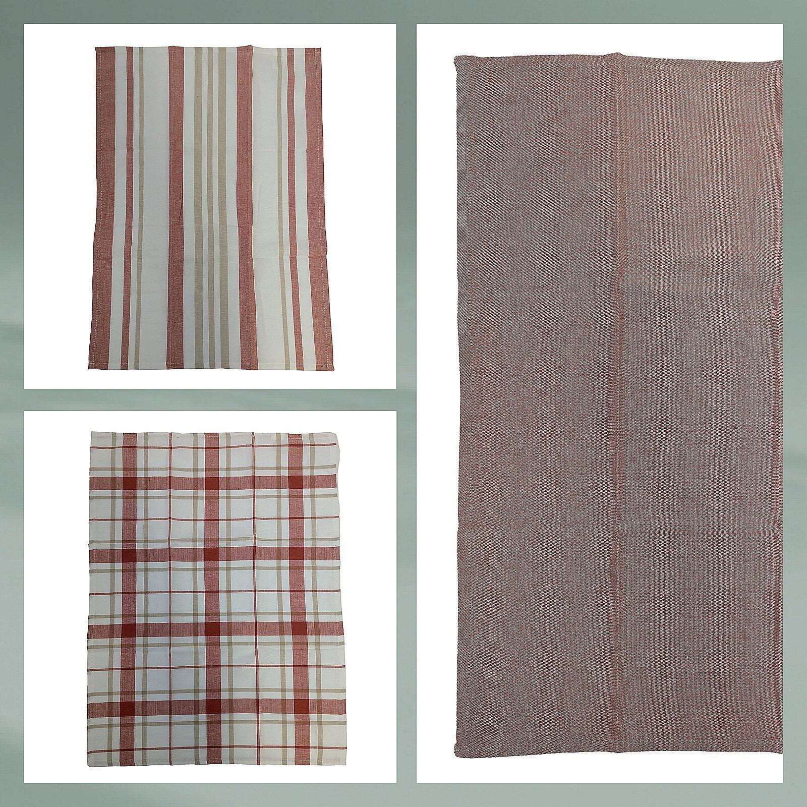 Geschirrtuch "Pasado" im 3er-Set: Detailansicht des hellbeige Stoffes mit roten Streifen, eines rötlich-braunen Stoffes mit strukturierter Oberfläche und eines Karomusters aus rot und beige.