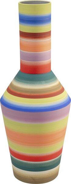 Handbemalte Vase Rainbow aus Dolomit mit konischer Form und farbenfrohen, horizontalen Streifen in Blau, Gelb, Grün, Orange, Rot und Lila.