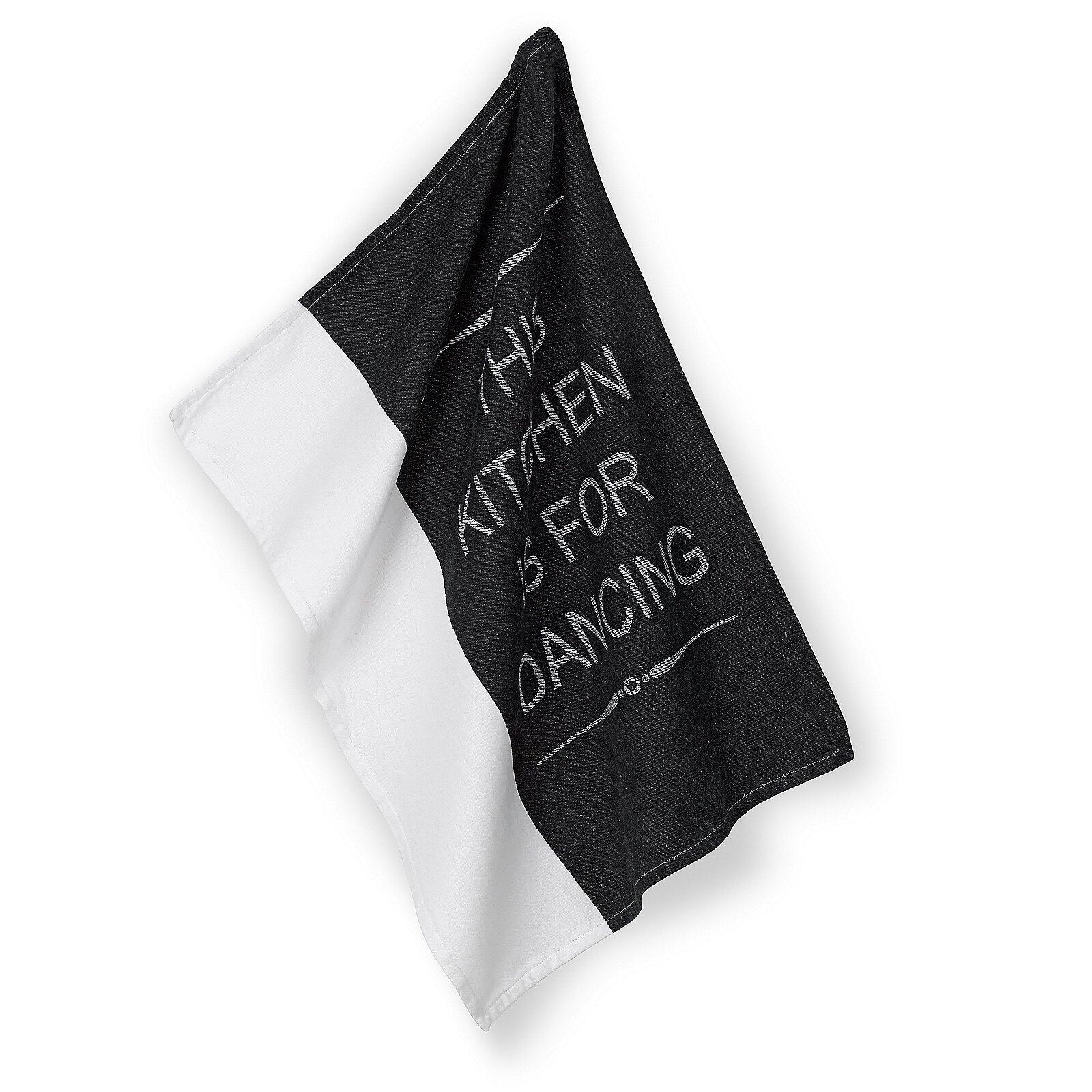 Geschirrtuch Gianna mit dem Aufdruck "KITCHEN IS FOR DANCING" in schwarz-weiß, schräg dargestellt und locker hängend.