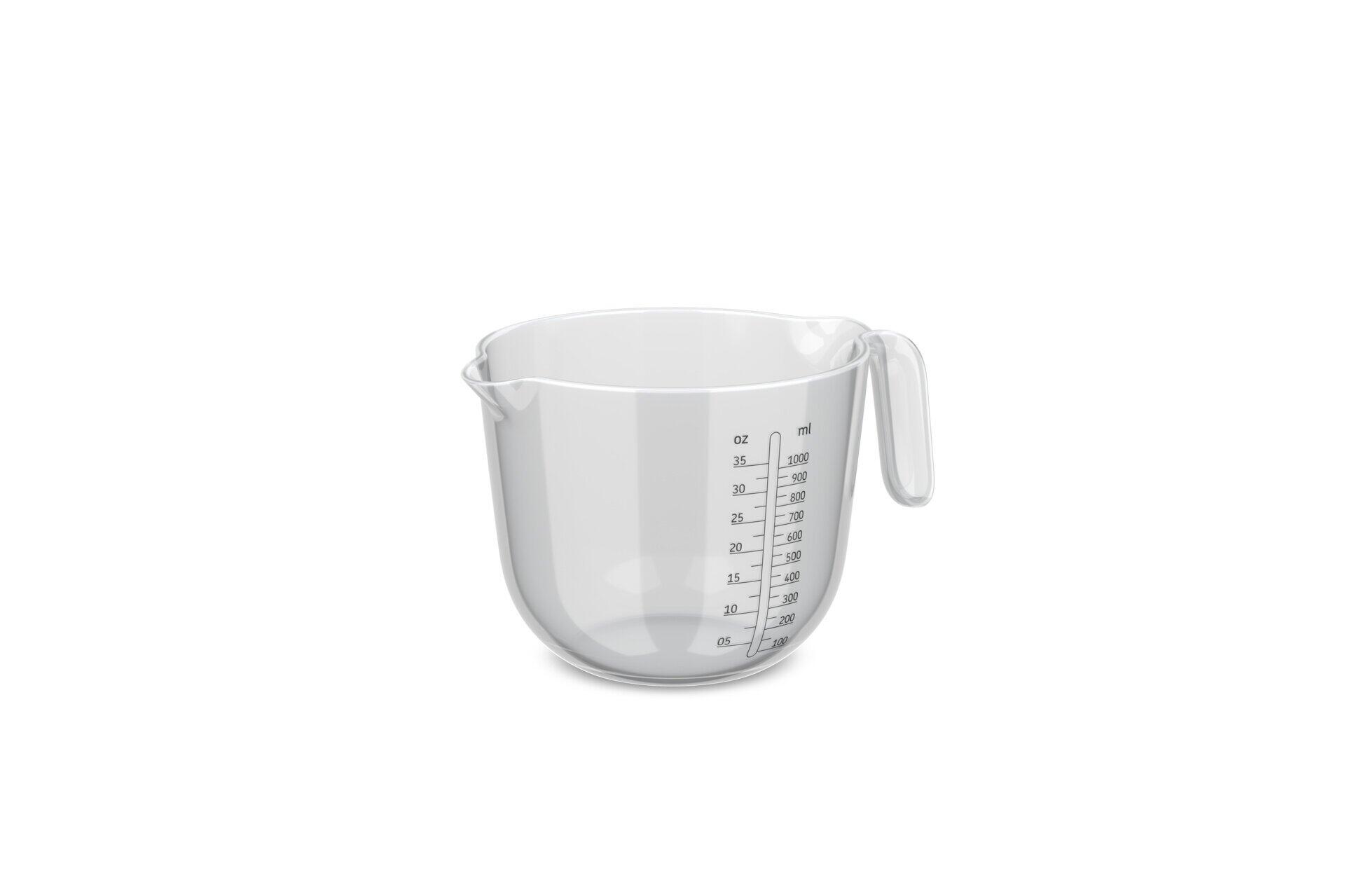 Messbecher Chef it aus transparentem Kunststoff mit ergonomischem Henkel und doppelter Skala in Unzen und Millilitern.