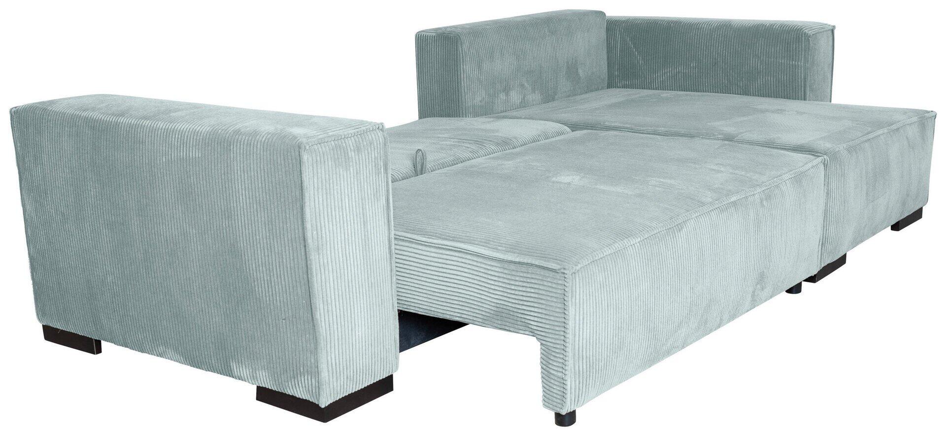 Ecksofa Mango mit Cordbezug und aufgeklappter Schlaffunktion, perspektivisch dargestellt mit quadratischen, dunklen Füßen.