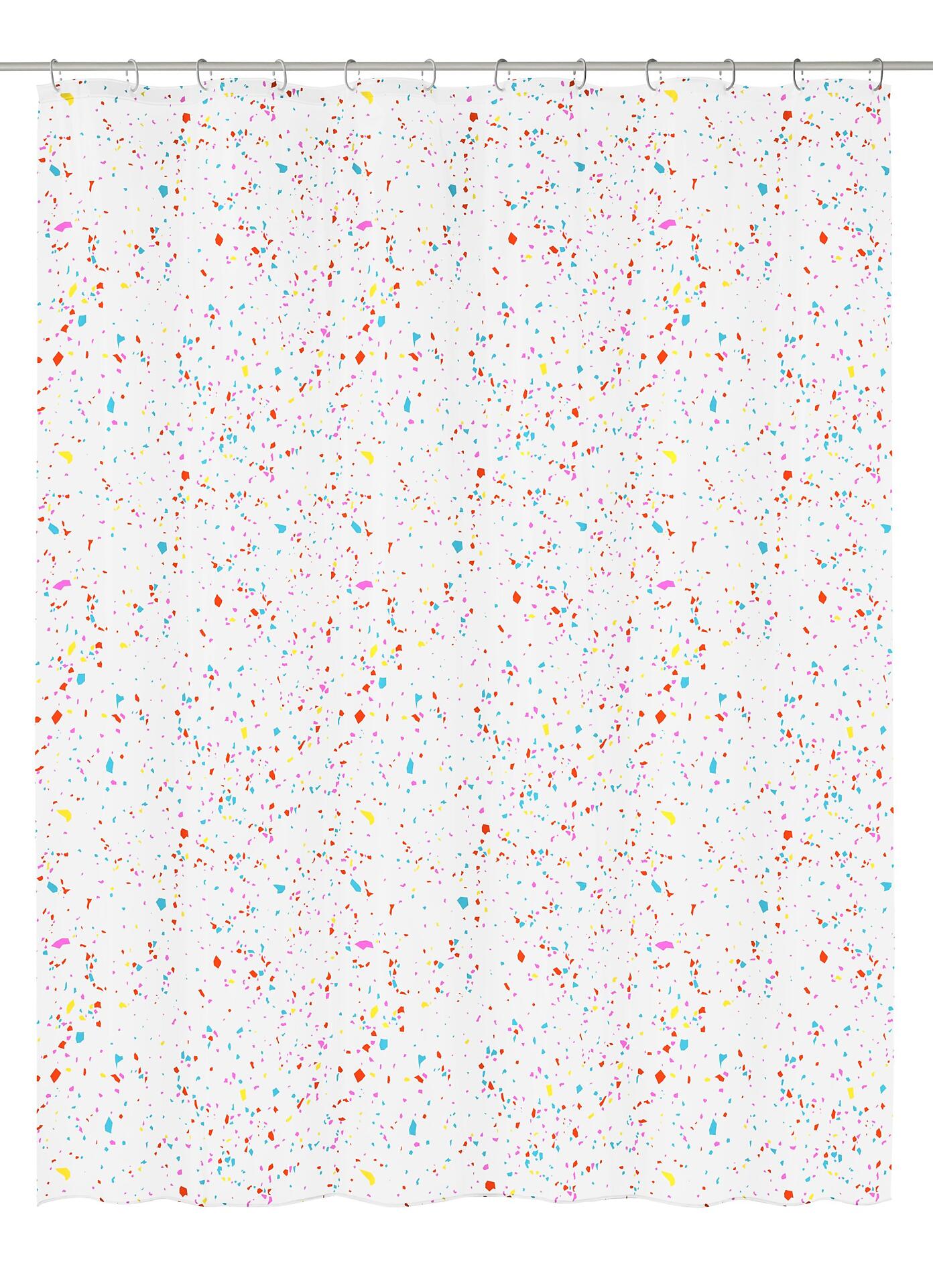 Duschvorhang PEVA Confetti mit farbenfrohem, punktiertem Muster in Rot, Blau, Gelb, Grün und Pink, dargestellt in voller Länge und von vorne.