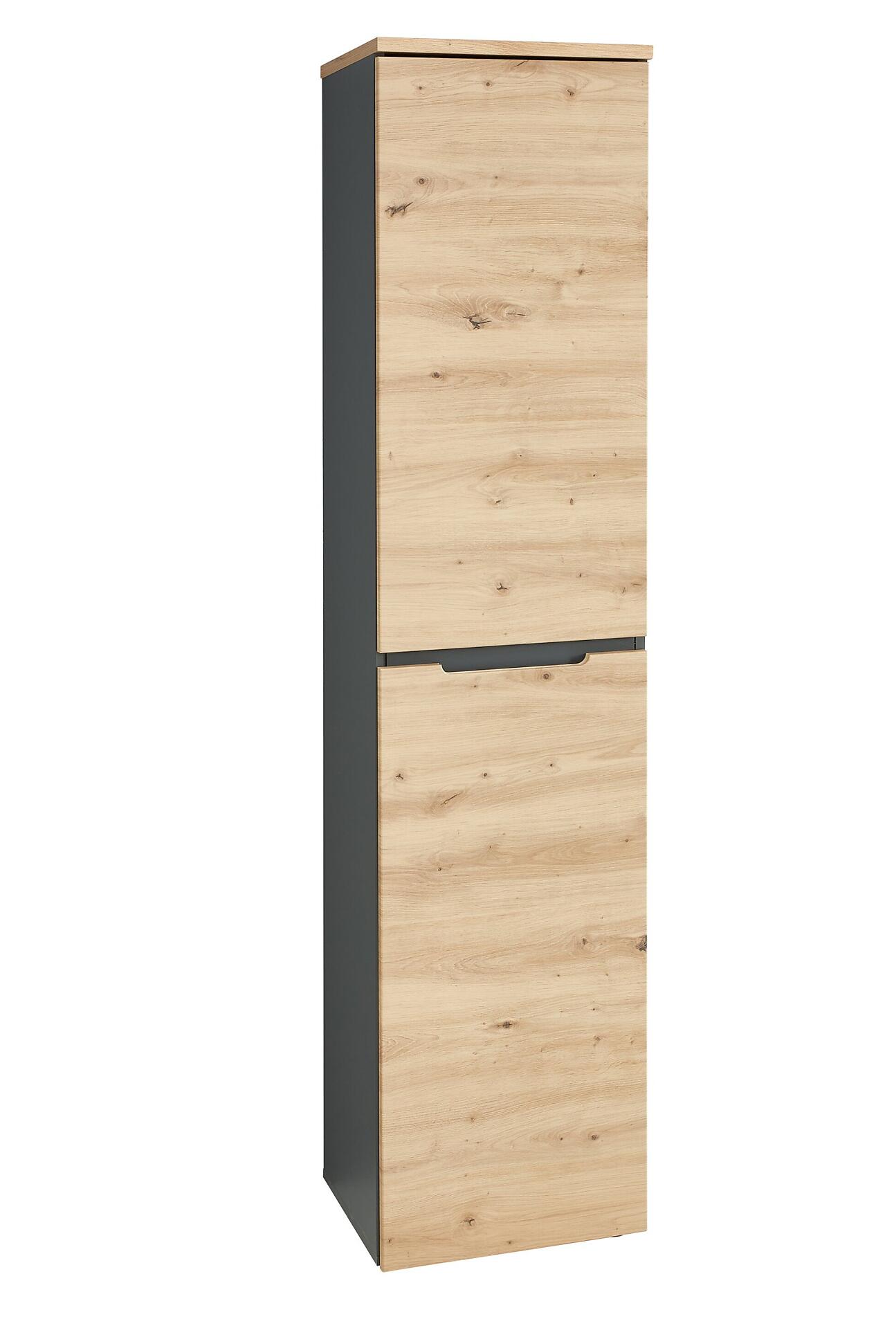 Büroschrank Memphis mit dunkelgrauer und Artisan-Eiche-Optik, zwei Türen und horizontaler Griffleiste, dargestellt in einer Frontalansicht.