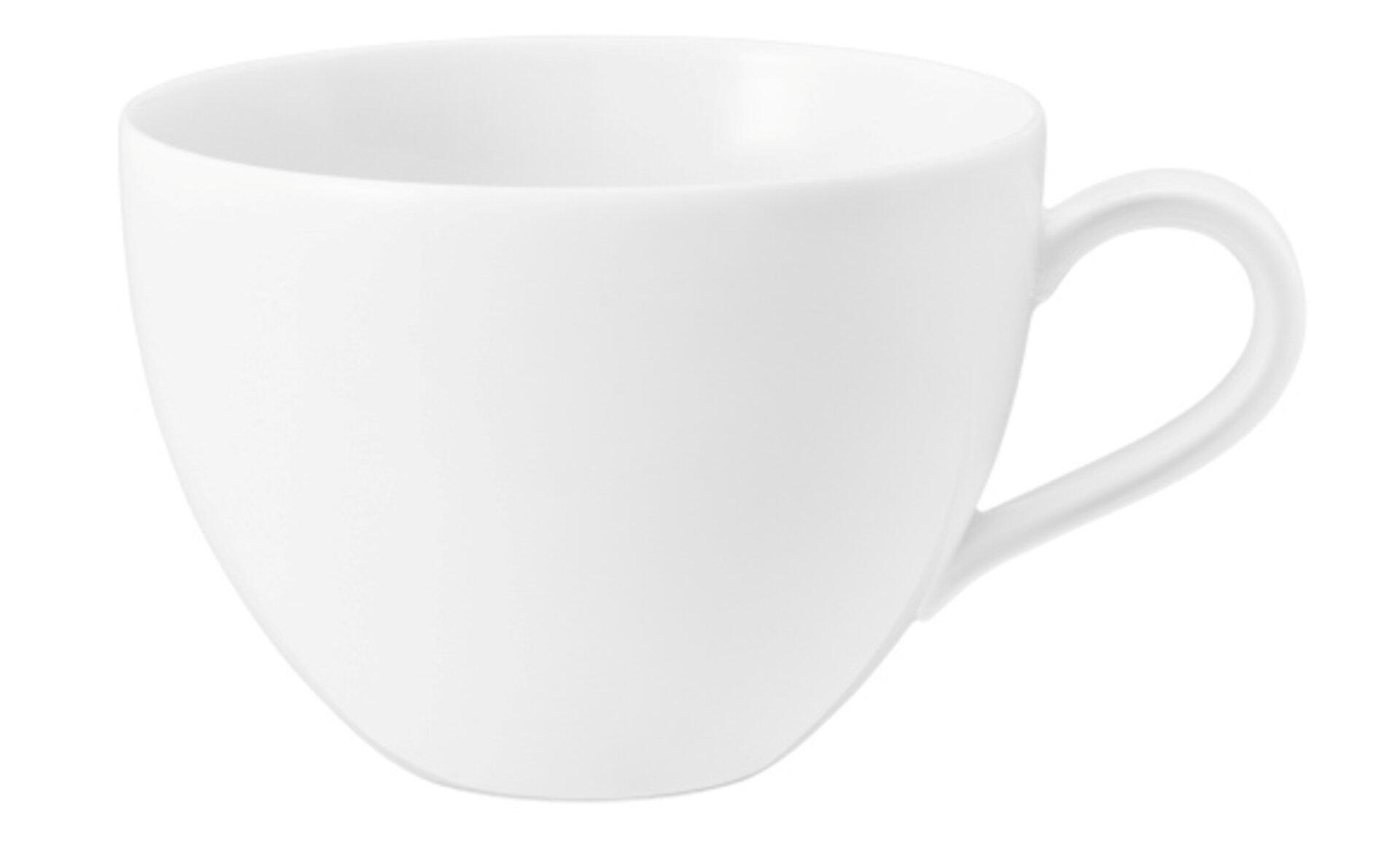 Milchkaffeeobertasse Beat mit weißer Dekornummer 3 aus der Vogelperspektive, zeigt die leicht konische Form und den eleganten Henkel.
