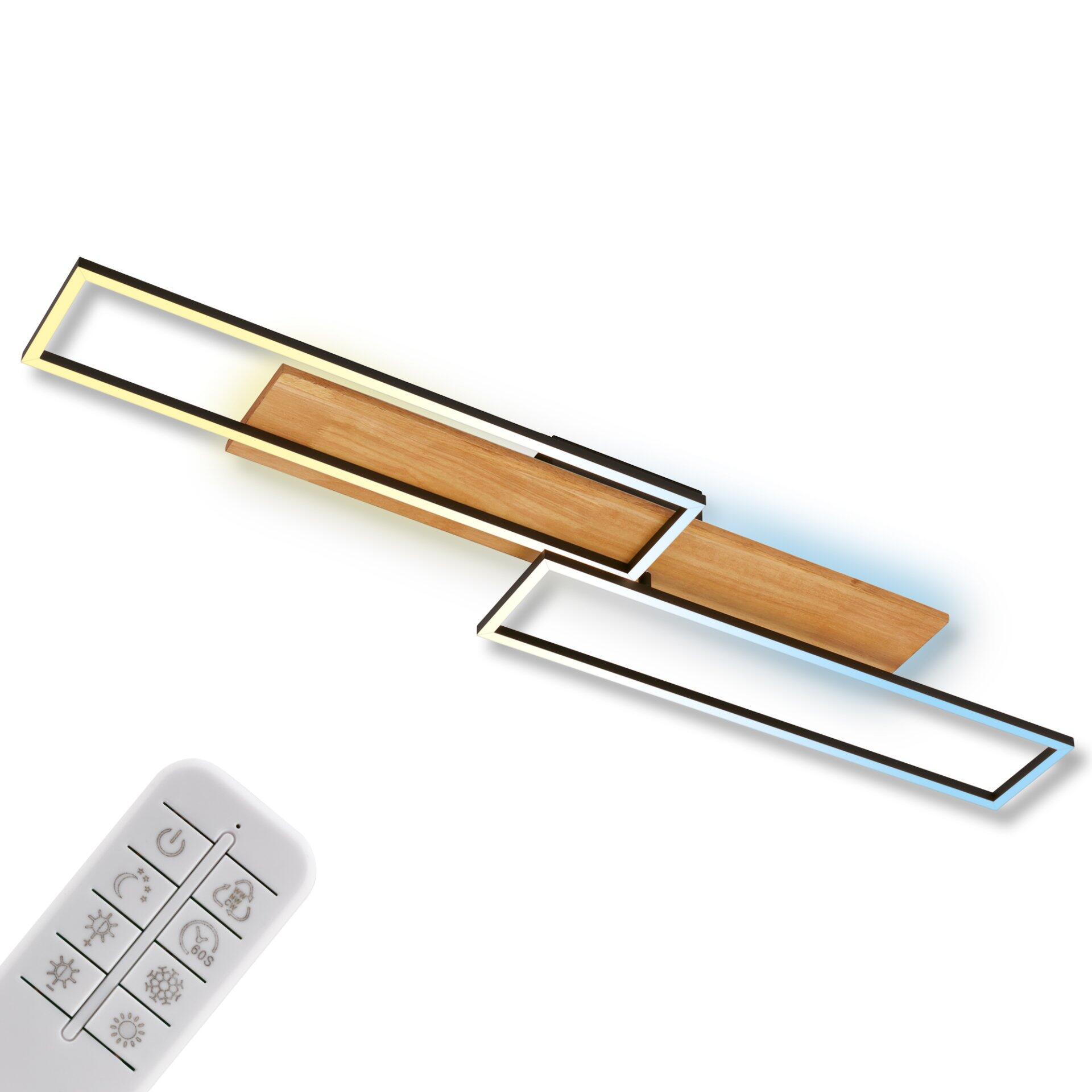 Deckenleuchte Cornice mit rechteckigem Metallrahmen, integrierter LED-Beleuchtung und horizontaler Ablagefläche, die über Fernbedienung mit Ein-/Ausschalter, Timer, Helligkeitsregelung und Nachtmodus gesteuert werden kann.