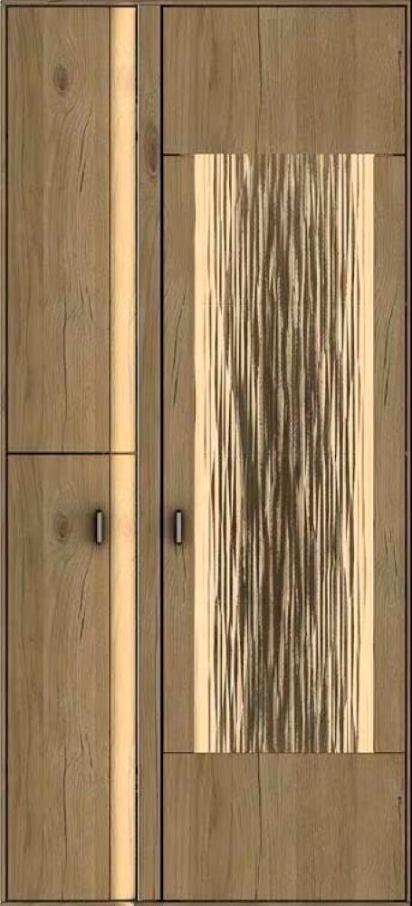 Vitrine Boca mit Holztür, Glastür und Frontbeleuchtung, aus der Seitenansicht zu sehen, präsentiert eine helle Holzoberfläche mit natürlicher Maserung und Einlegeböden.