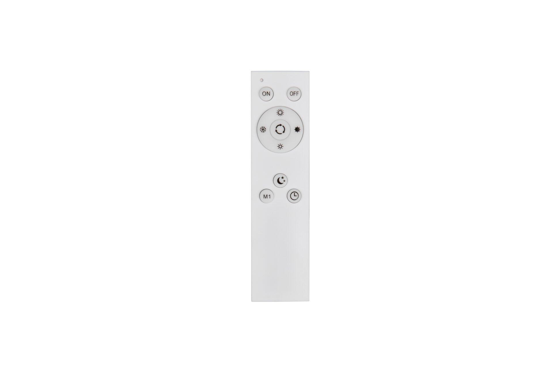 Fernbedienung für die Deckenleuchte Ceru mit Tasten für Ein/Aus, Helligkeitsregelung, Farbtemperaturanpassung und Szenenmodus.