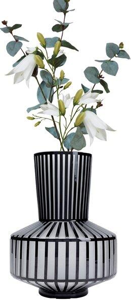 Vase Roulette, mundgeblasenes Glas mit satiniertem Schwarz-Weiß-Streifenmuster und bauchiger Form, dekoriert mit weißen Lilien und Eukalyptus.