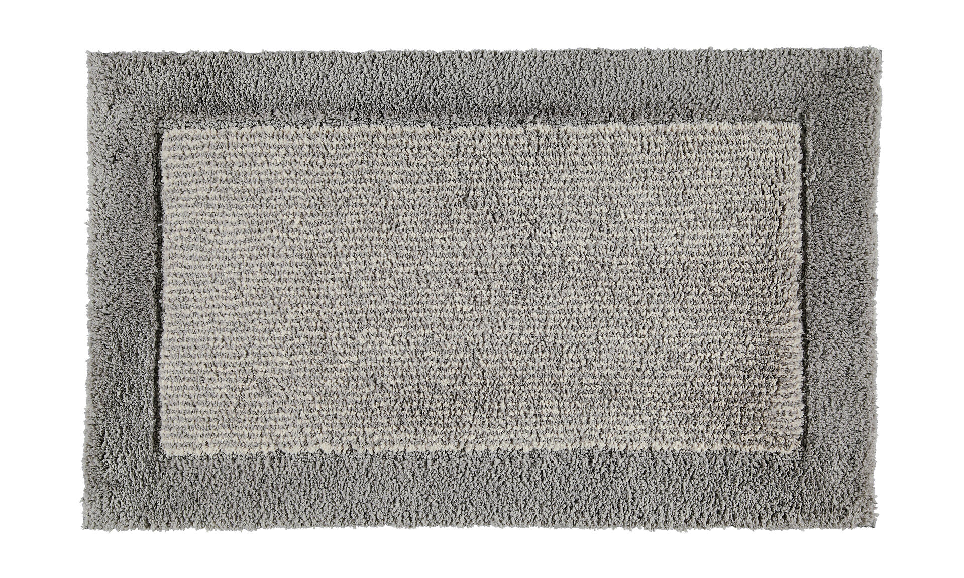 Grauer Gästetuch Two-Tone Teppich mit flauschigem Flor und dunklem Rand, aus Baumwolle.