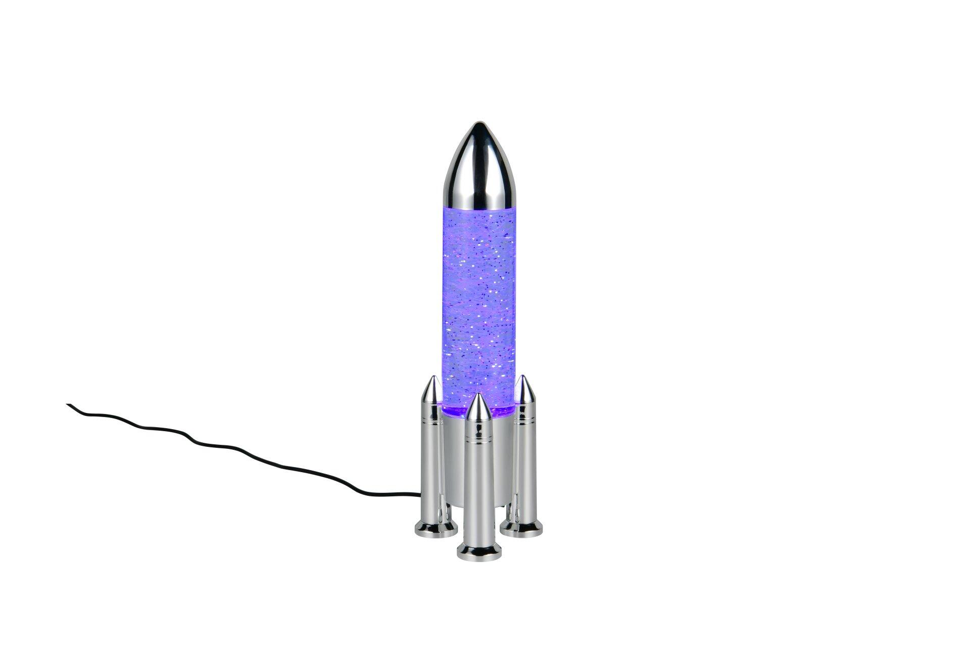 Tischleuchte Apollo im Design einer silberfarbenen Rakete, dargestellt in einem blauen, sternbesetzten "Glastank" mit beleuchteten Düsen und leicht erhöhter Perspektive.