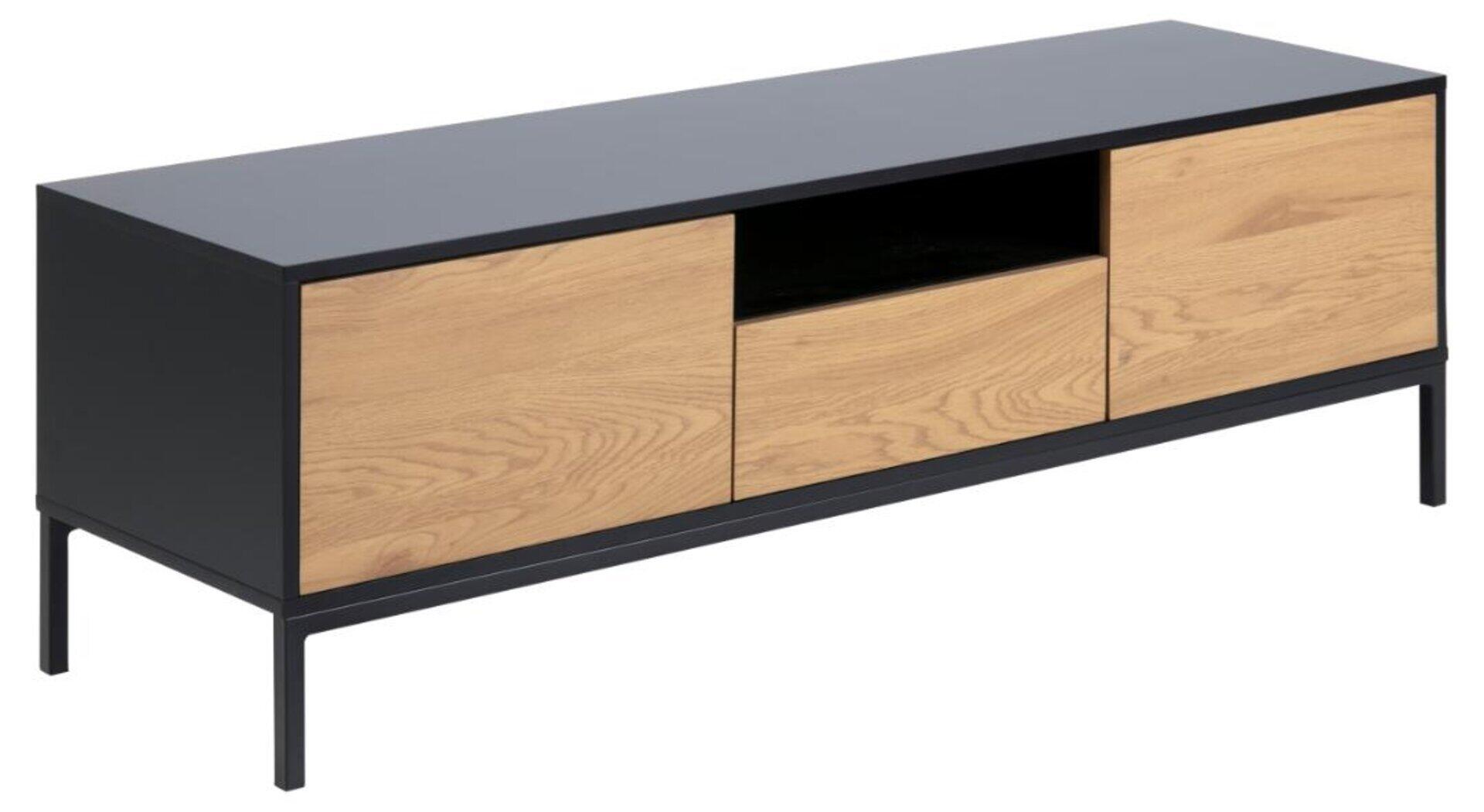 TV-Tisch Seaford mit zwei Schubladen, einer Tür und offenem Fachbereich, das moderne Design zeigt die Push-to-open Funktion und die raue Wildeichen Oberfläche mit charakteristischer Maserung.