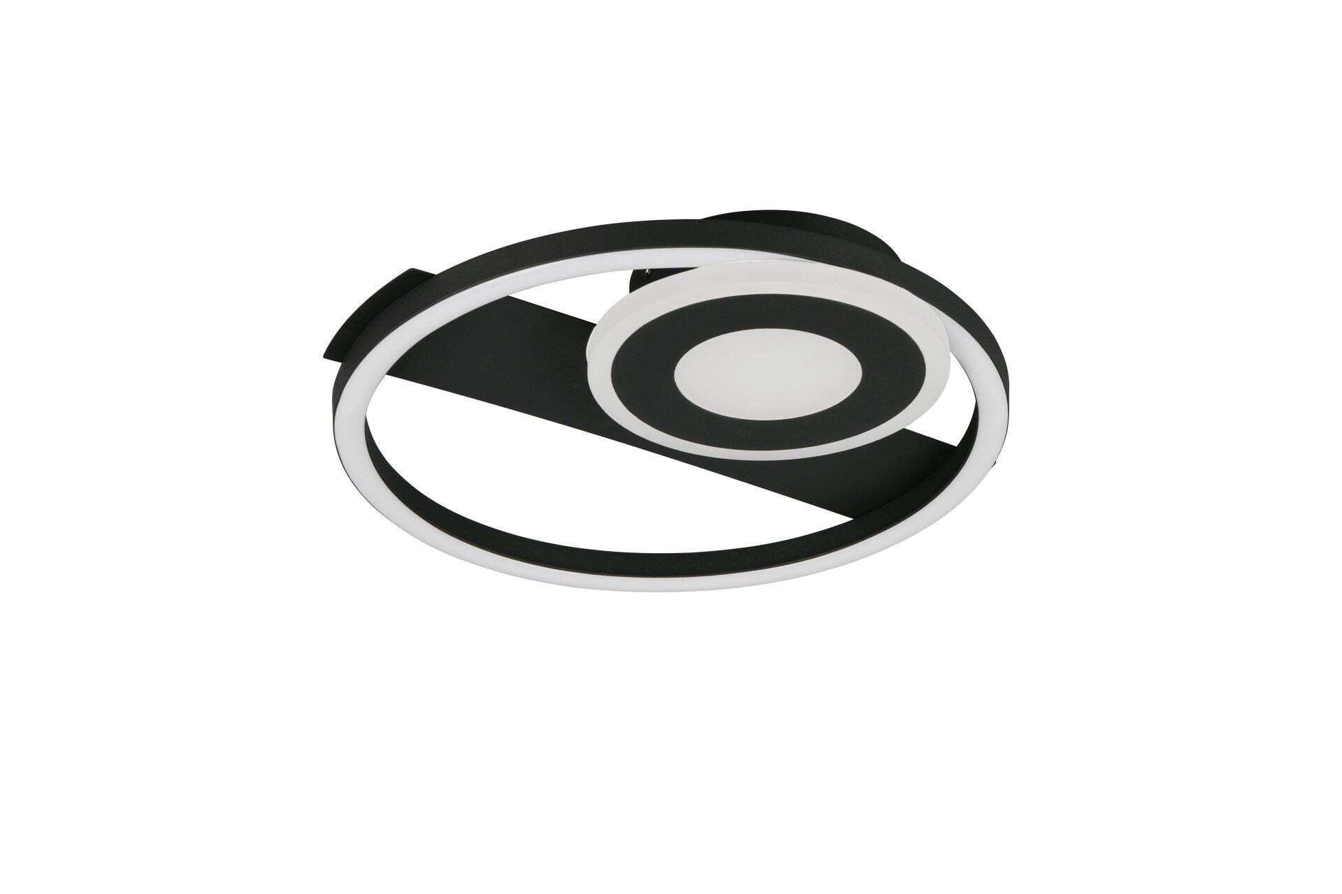 Moderne schwarze Deckenleuchte Horus mit ineinander verschachtelten Ringen, die indirektes Licht reflektiert und eine abstrakte Form bildet.