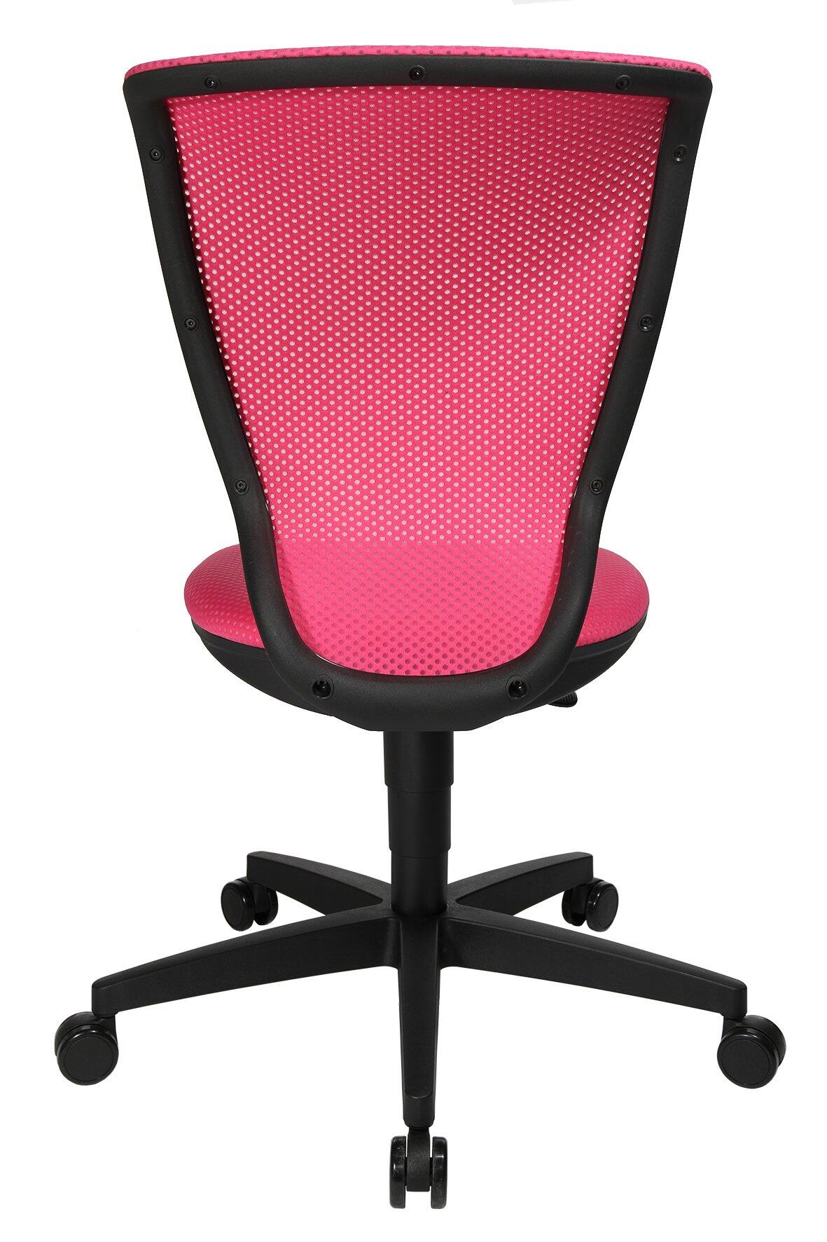 Bürostuhl Spider Kid in Seitenansicht mit schwarzem Fußkreuz und Netzgewebe-Rückenlehne in Pink, die synchrone Federwirkung zeigt.