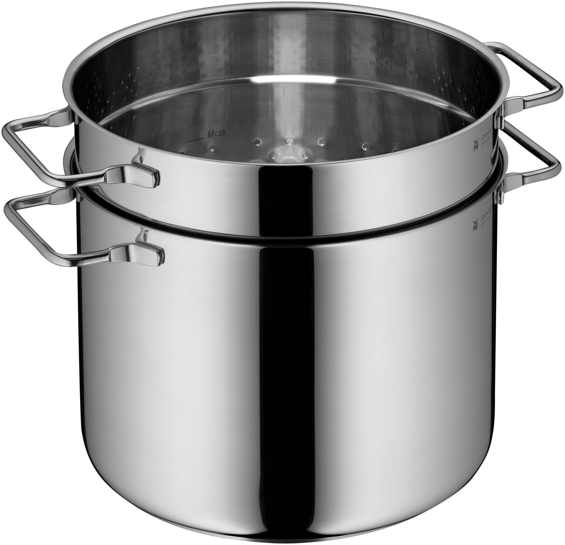 Edelstahl-Dampfgarer von WMF mit zwei übereinanderliegenden, zylindrischen Töpfen, darunter mit Messmarkierungen und oben gelocht für das Dämpfen von Speisen.