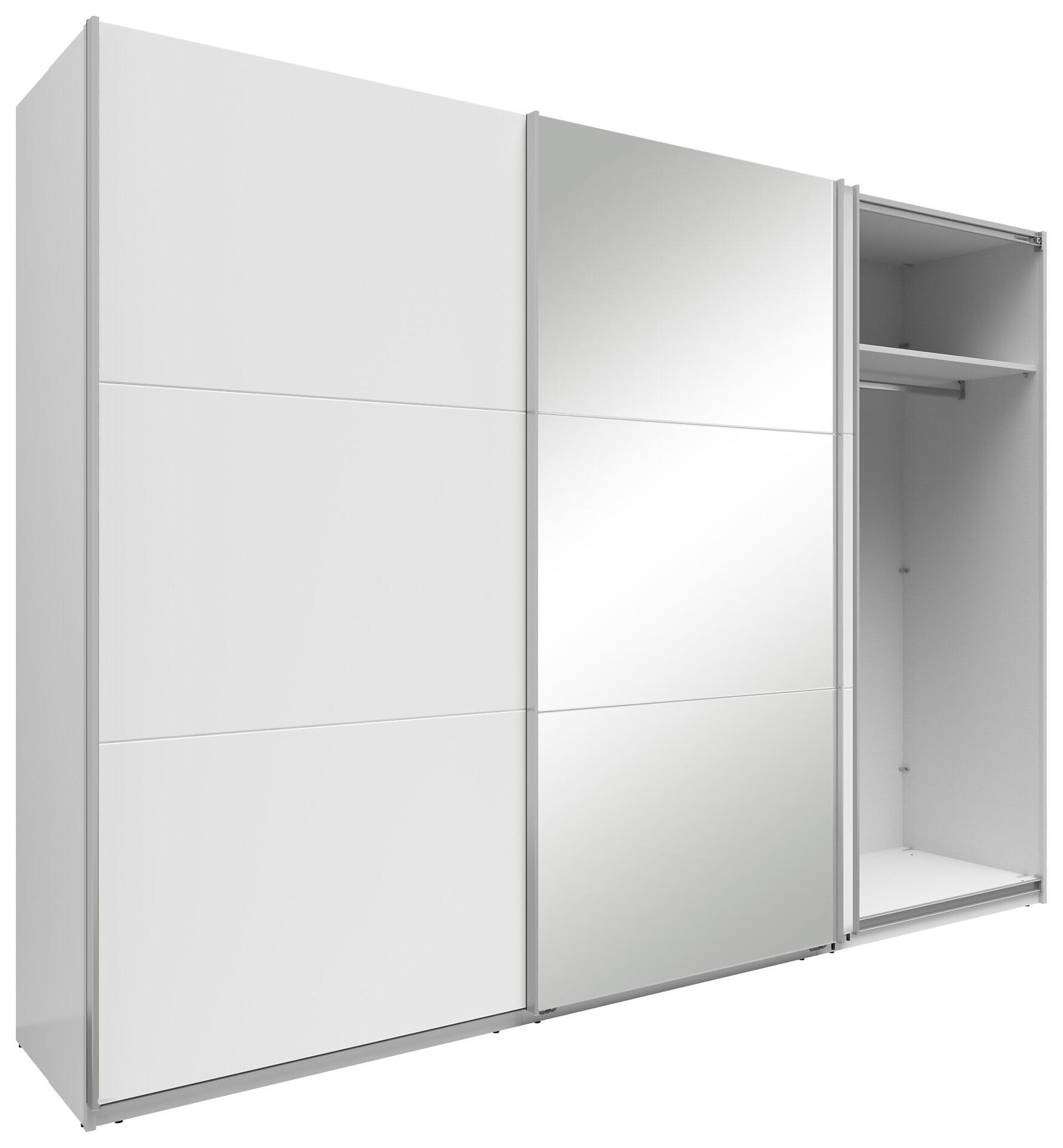 Weißer Schwebetürenschrank Neo mit silberner Griffleiste und teilweise geöffneter Tür, die Einlegeboden und Kleiderstange im Inneren zeigt.