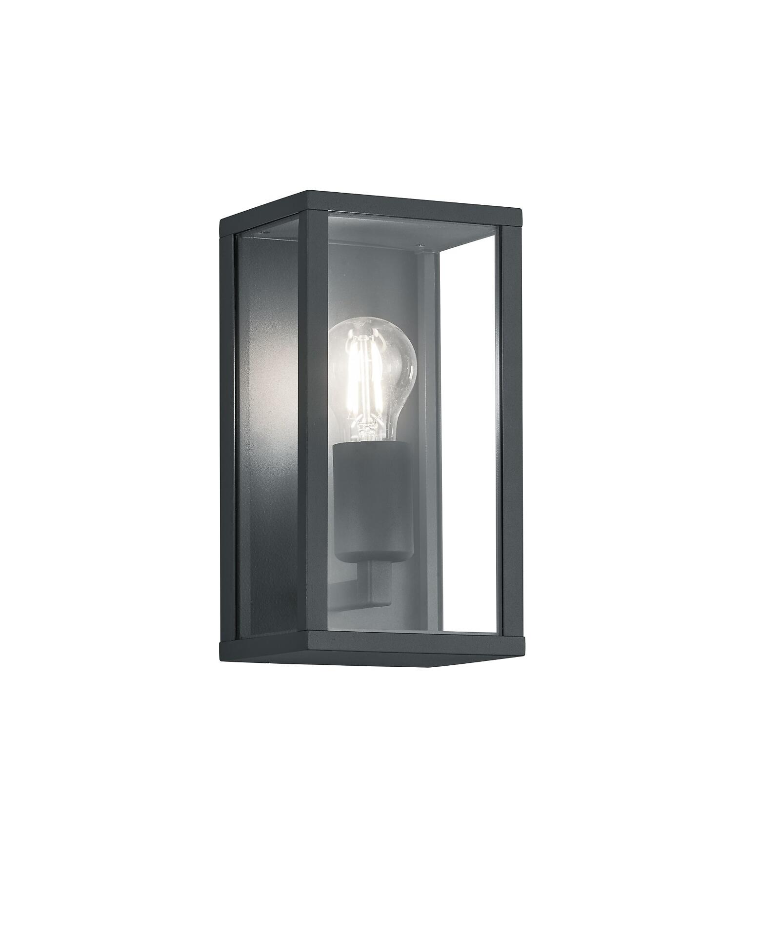 Wandleuchte Garonne in Draufsicht mit kubischem Design, grauem Rahmen, transparenter Glasscheibe und tropfenförmiger Glühwendel.