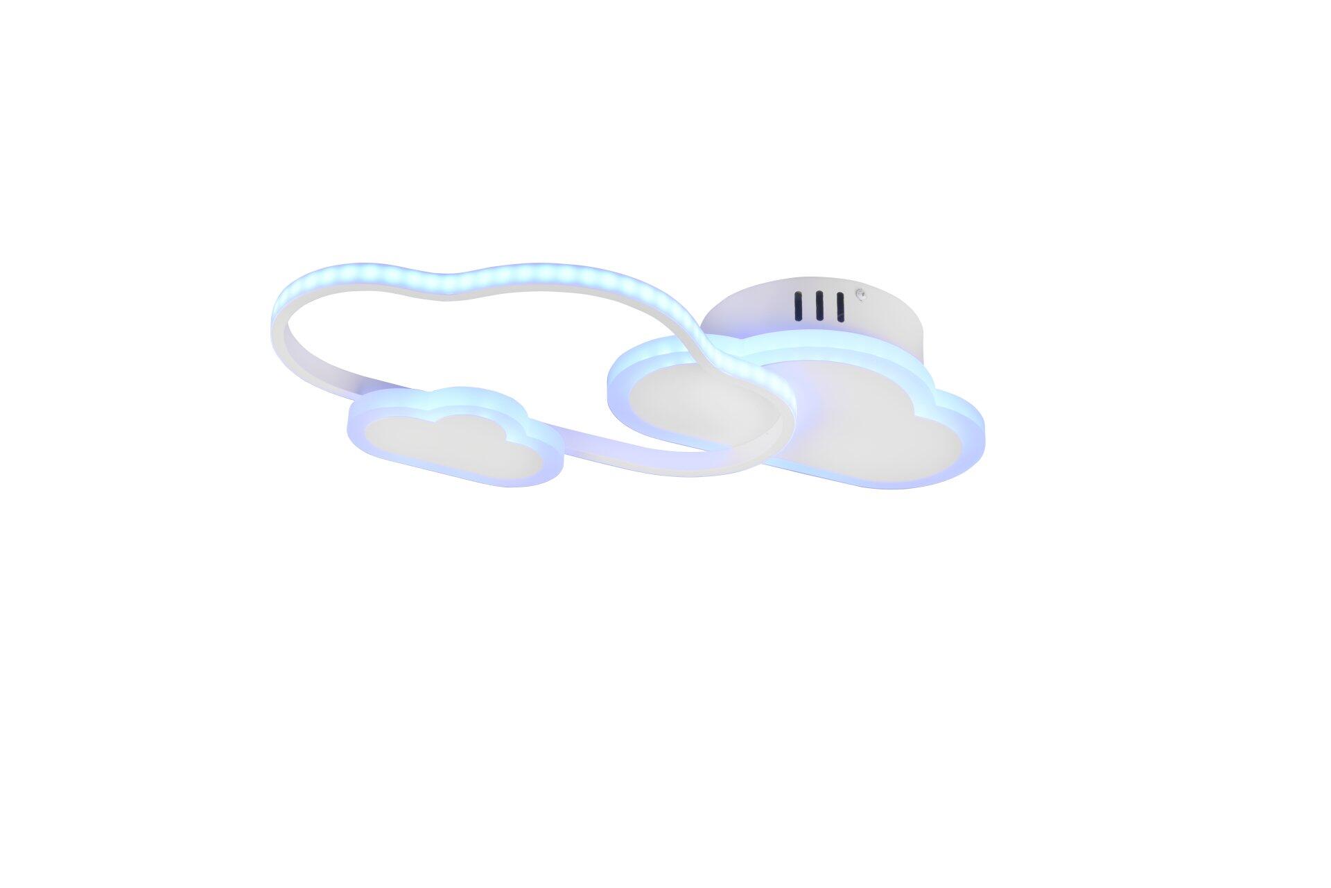 Moderne Deckenleuchte Cloudy mit drei geschwungenen Elementen und LED-Leisten, die in einer Seitenansicht ein blau-weißes Licht abstrahlen.
