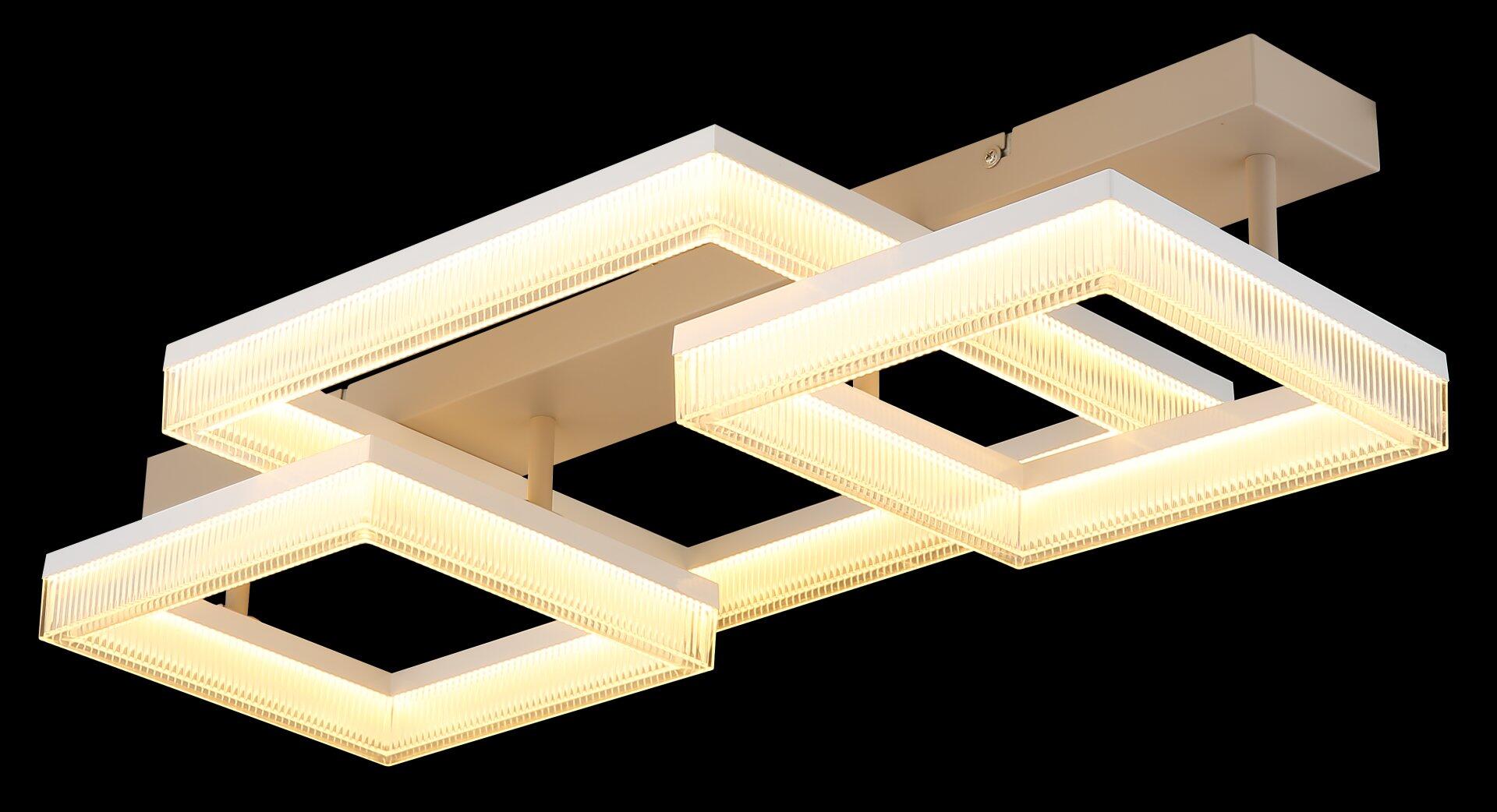 Deckenleuchte ZARA mit drei versetzten, quadratischen Rahmen, die von warmweißer LED-Beleuchtung umrandet sind, und Detail des Montierungsmechanismus.