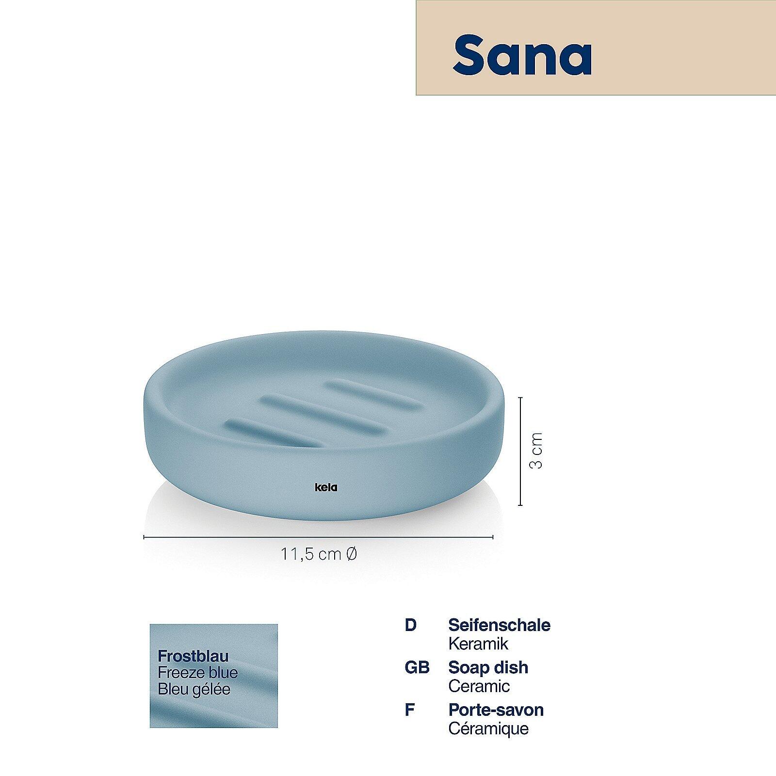 Blaue Seifenschale "Sana" aus Keramik mit konkaviertem Becken und vertikalen Rillen zur Wasserableitung, ca. 11,5 cm Durchmesser und 3 cm hoch.