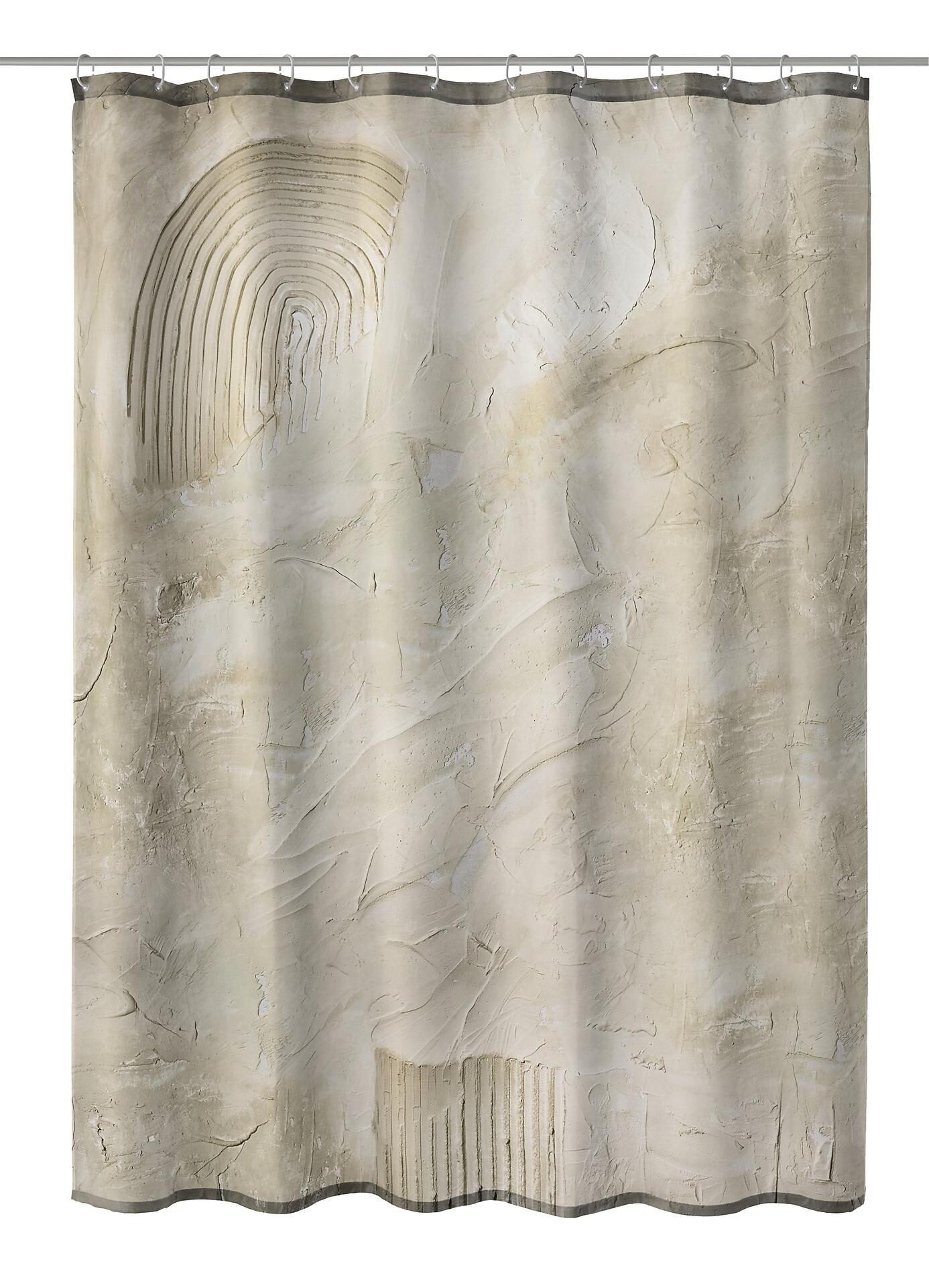 Duschvorhang TXT, Art: Beige Duschvorhang mit strukturierter Oberfläche und dezenten, stilisierten Designelementen.