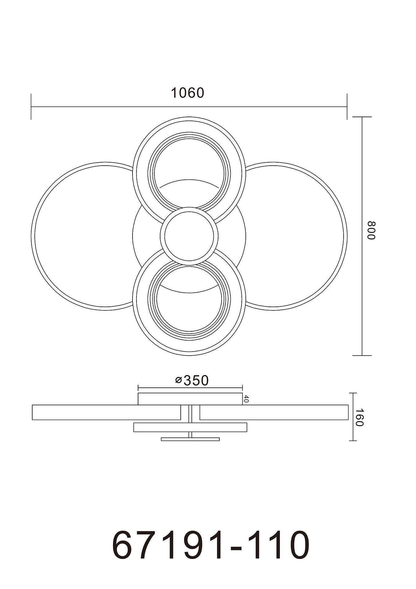 Deckenleuchte MARA, schematische Darstellung von oben mit Abmessungen und Funktionen wie dimmbar, Mehrstufenbedienung, Farben, Memoryfunktion, Nachtlicht und Fernbedienung.