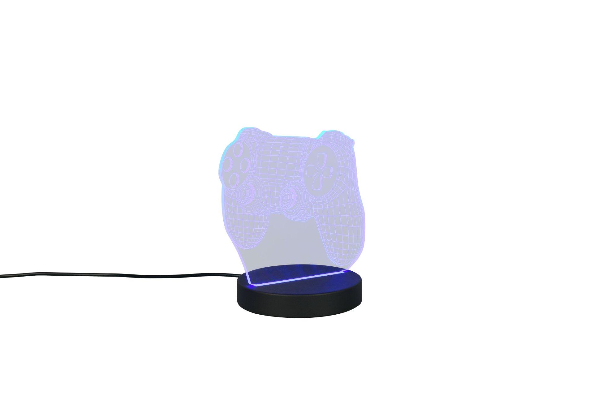 Tischleuchte Joy im Design eines blauen Spielcontrollers mit filigraner Linienstruktur, die auf einer schwarzen Basis indirekt beleuchtet wird.