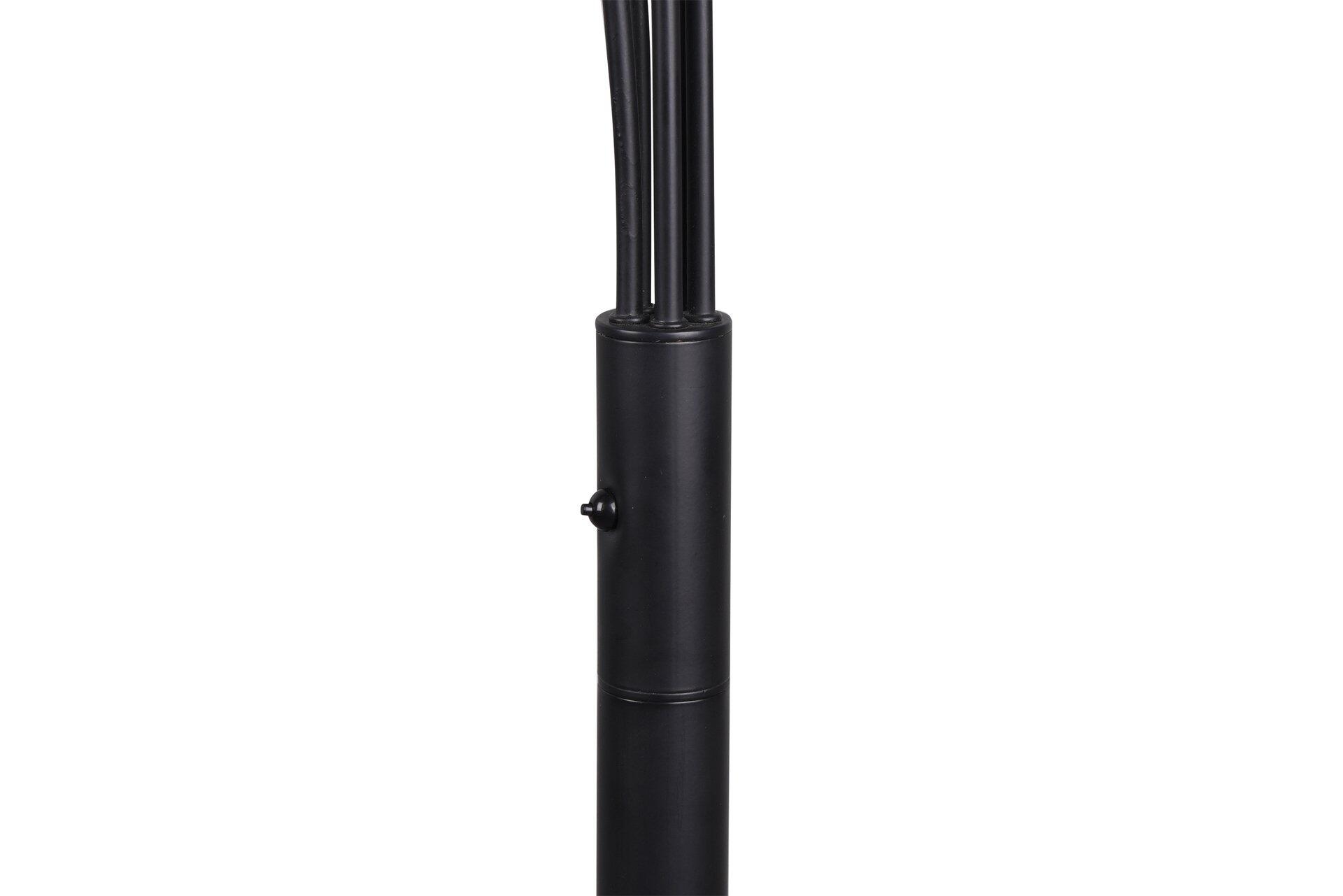 Nahaufnahme des gebürsteten Metallstiels der Stehleuchte Reed mit Kabeln und Schraube.