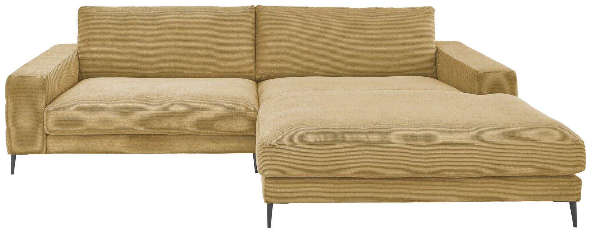 Eckcouch Badia Base 2.0 mit herausziehbarer Liegefläche und Metallfüßen, abgebildet aus Frontalperspektive.
