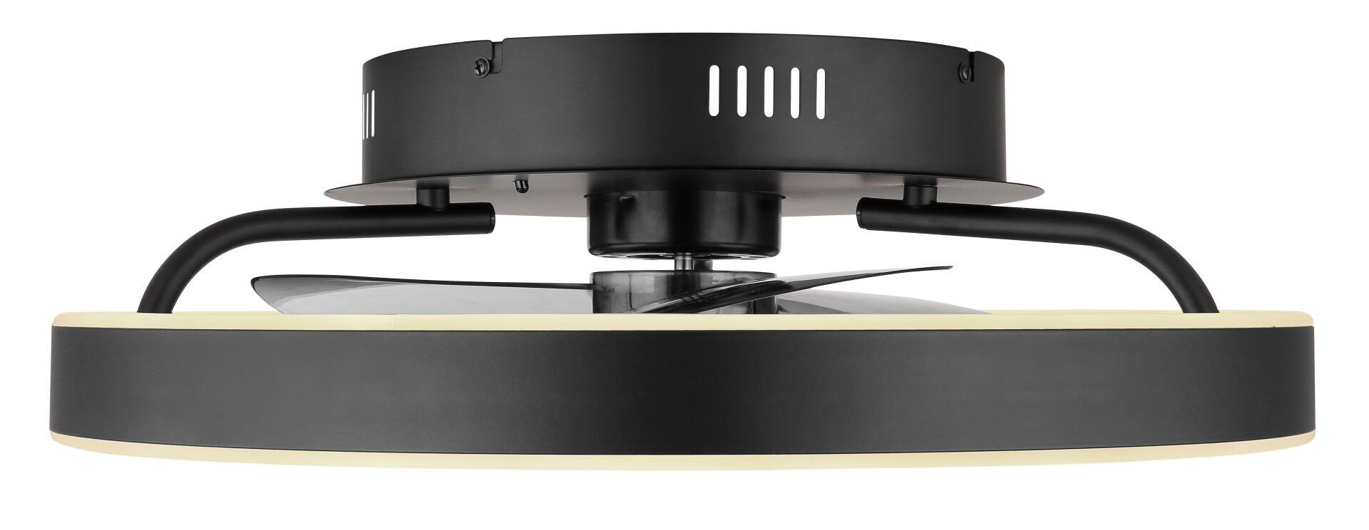 Deckenventilator CONWAY aus Vogelperspektive mit gebogenem Design, schwarzem Korpus, beigefarbenen Flügeln und Belüftungsöffnungen.