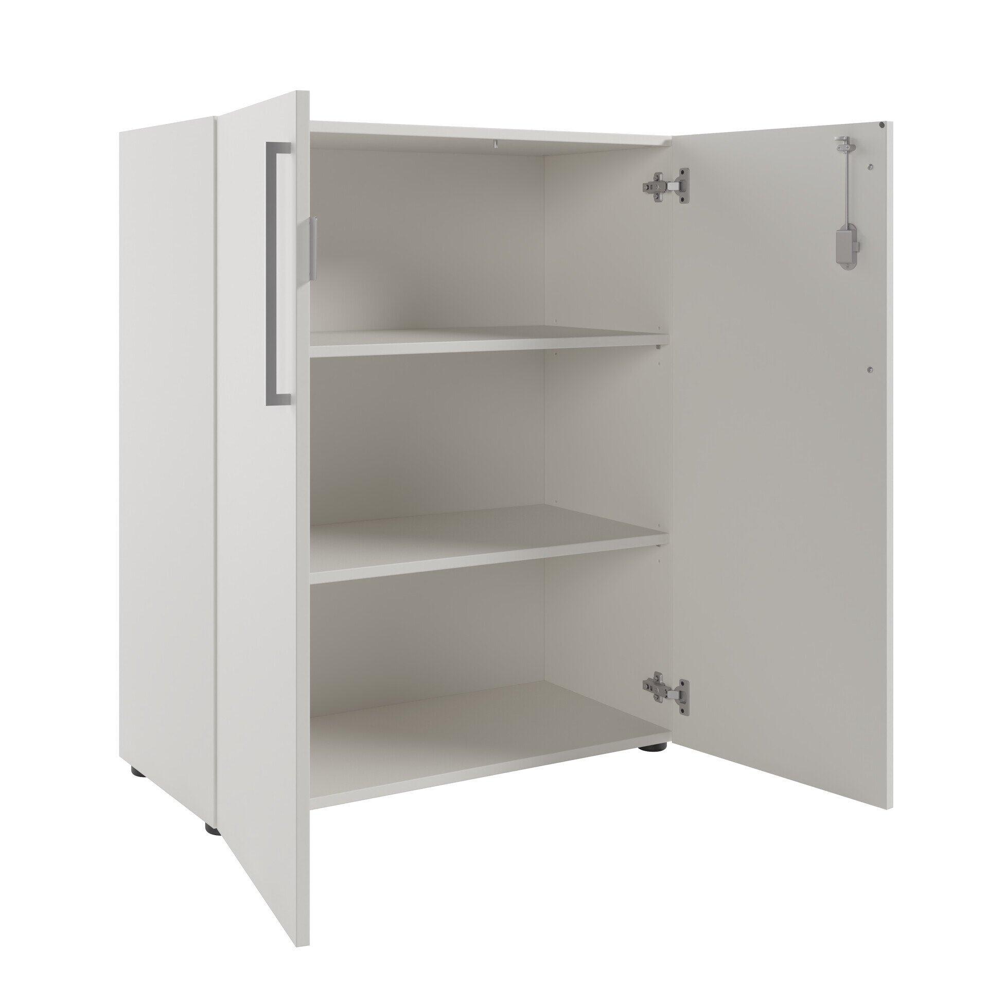 Aktenschrank Colorado mit geöffneter Tür, silbernen Metallgriffen und verstellbaren Einlegeböden, die durch vertikale Rippen im Schrankinneren gehalten werden.