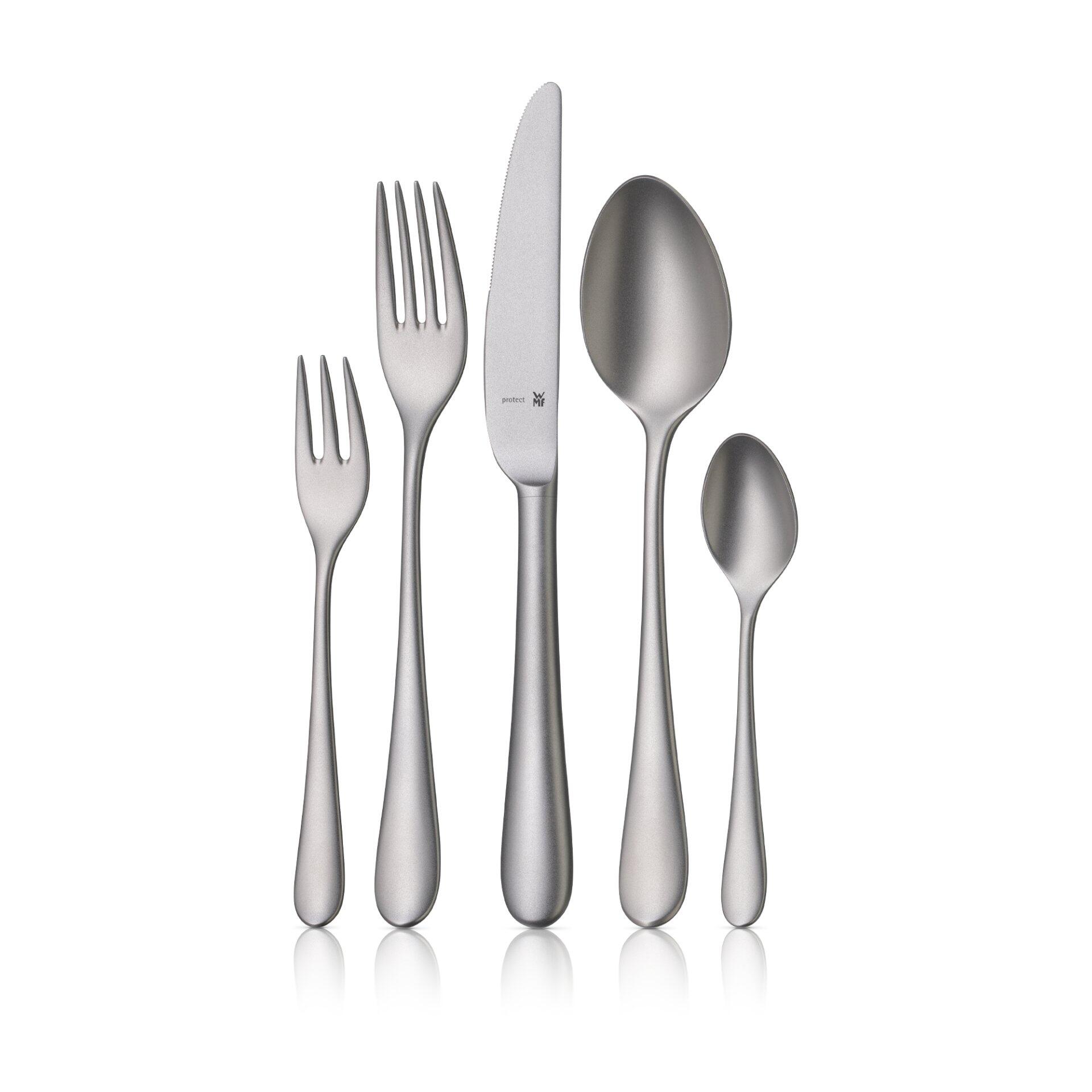 Besteck-Set 30-tlg. von WMF: Frontale Aufnahme von Menügabel, -messer und -löffel mit elegantem, langem Design und poliertem Edelstahl.