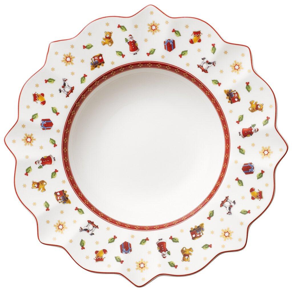 Suppenteller Toy's Delight aus der Vogelhaus-Kollektion von Villeroy & Boch mit rundem Design, gewelltem Rand und weihnachtlichem Dekor aus Spielzeugautos, Geschenken, Tieren und Sternen.