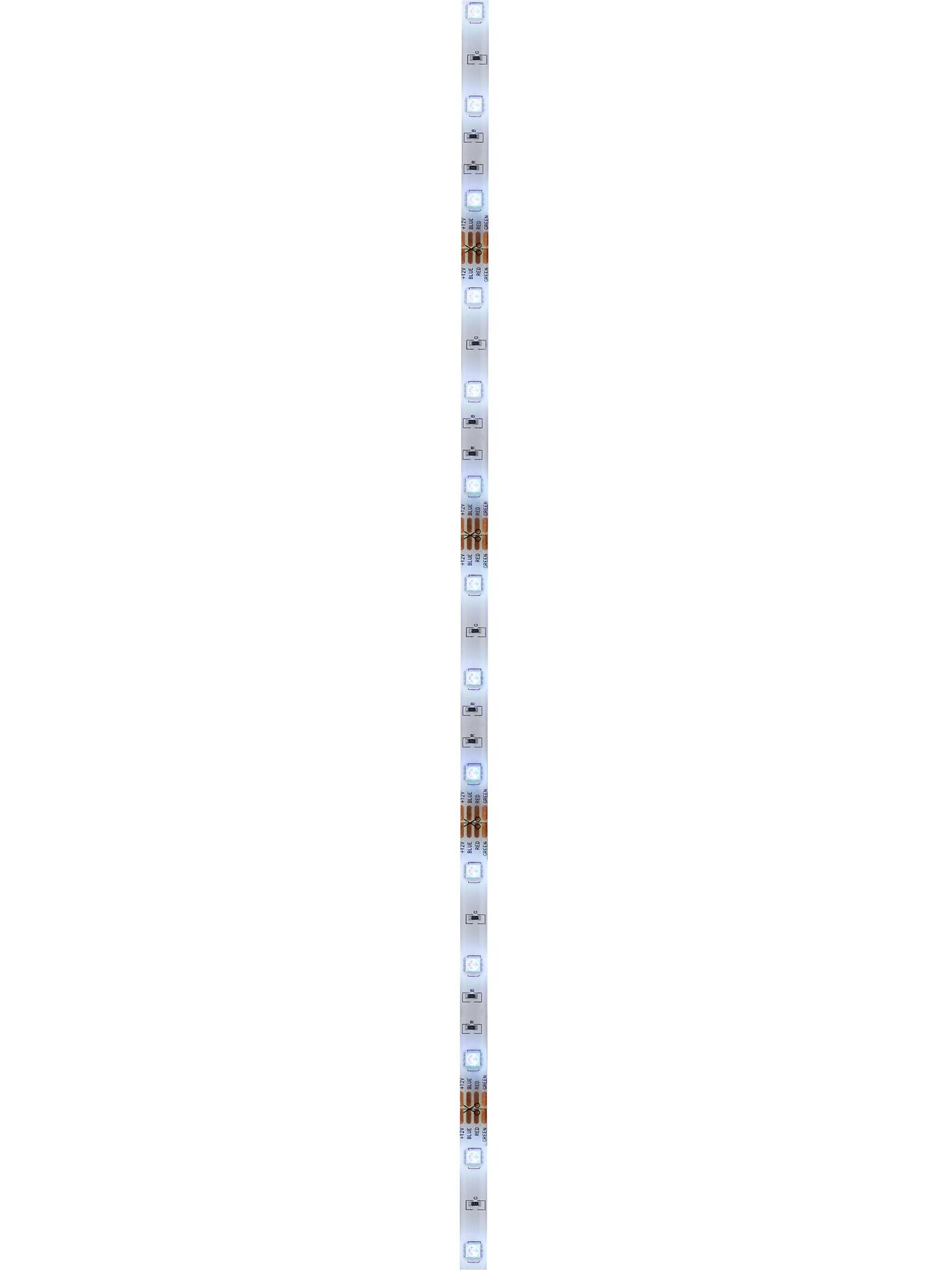 LED-Band Flow mit blauen LEDs und orangefarbenen Anschlusskabeln auf weißem Untergrund.