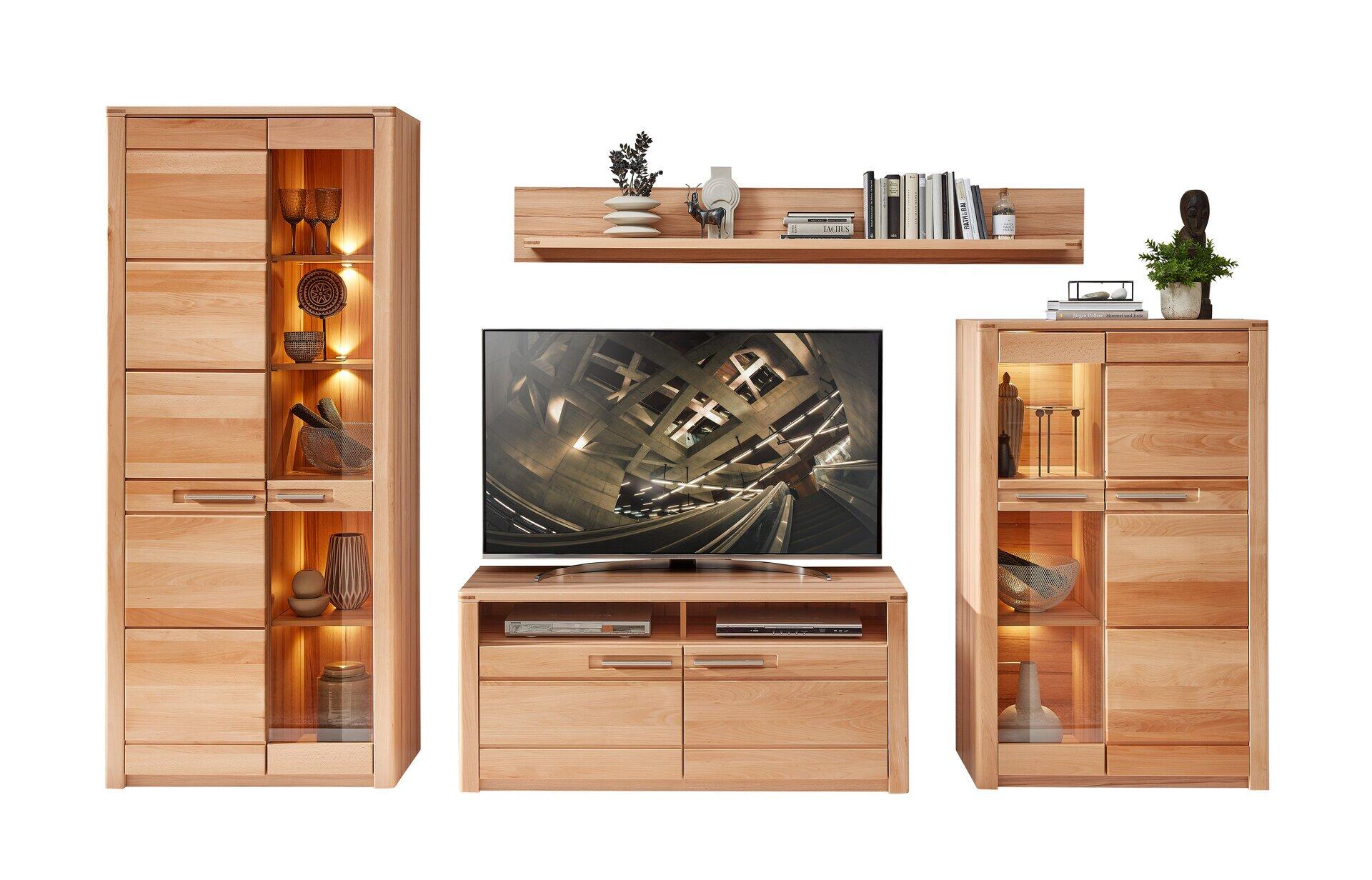 TV-/Wohnlösung Nature mit Sideboards, LED-Beleuchtung und TV-Lowboard, das aus einer erhöhten Perspektive die integrierten Funktionen und das Design des Ensembles zeigt.