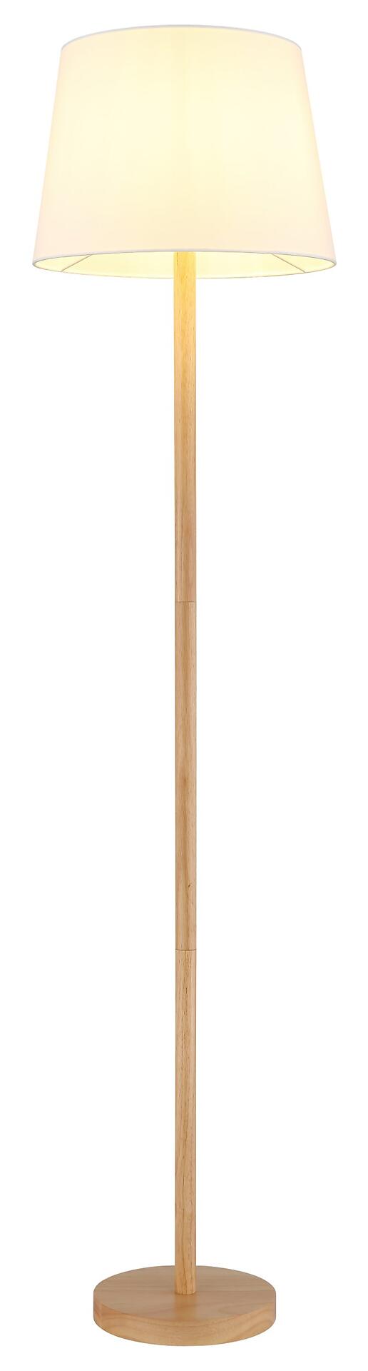 Stehleuchte JORIS mit hellem Holzfuß und konischem Stoffschirm, Frontalperspektive, Fußtrittschalter im Kabel.