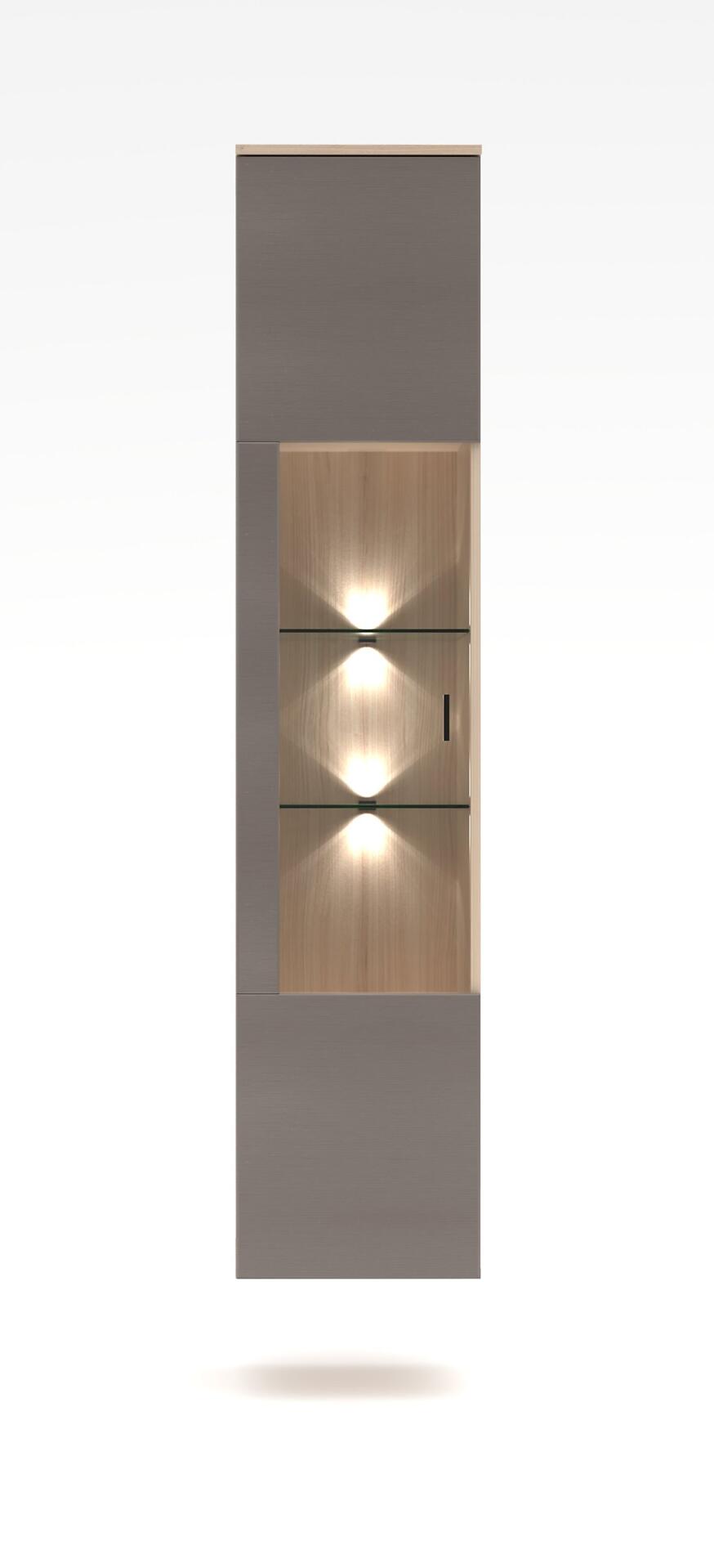 Vitrine Tibor-G mit Basalt Holzstruktur, frontale Ansicht zeigt den hochformatigen Korpus mit offenem Bereich, zwei Glasregalböden und integrierter LED-Beleuchtung, die die Holzeinlegearbeiten hervorhebt.