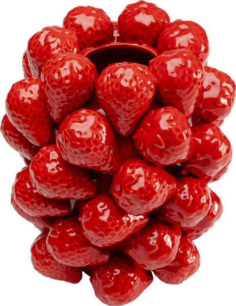 Rote, skulpturale Lampe aus stilisierten, glänzenden Erdbeerformen, frontal dargestellt.