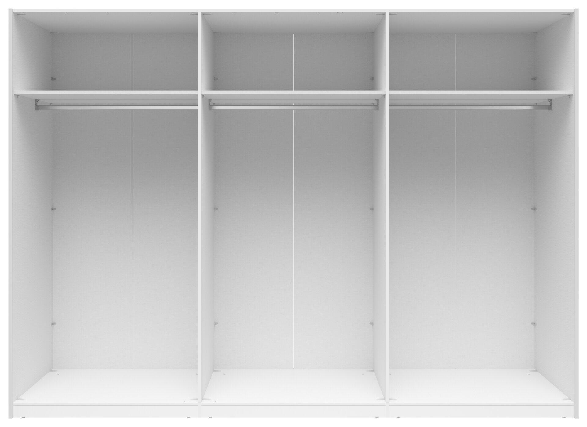 Kleiderschrank Neo mit drei Abteilen, weißen Innenwänden, festen Böden und Kleiderstangen für eine übersichtliche Organisation.