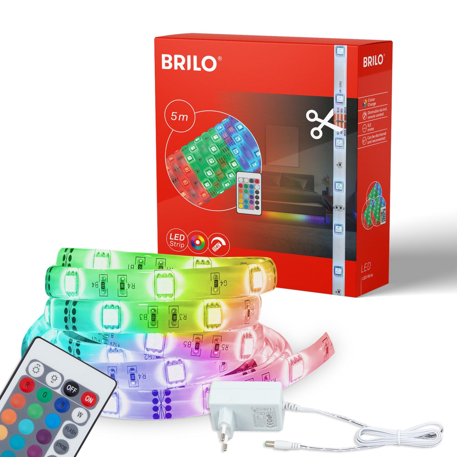 BRILLO LED Band "Flow" mit Fernbedienung, das in verschiedenen Farben leuchtet und Funktionen wie Timer, Dimmen und Strobe-Modus bietet.