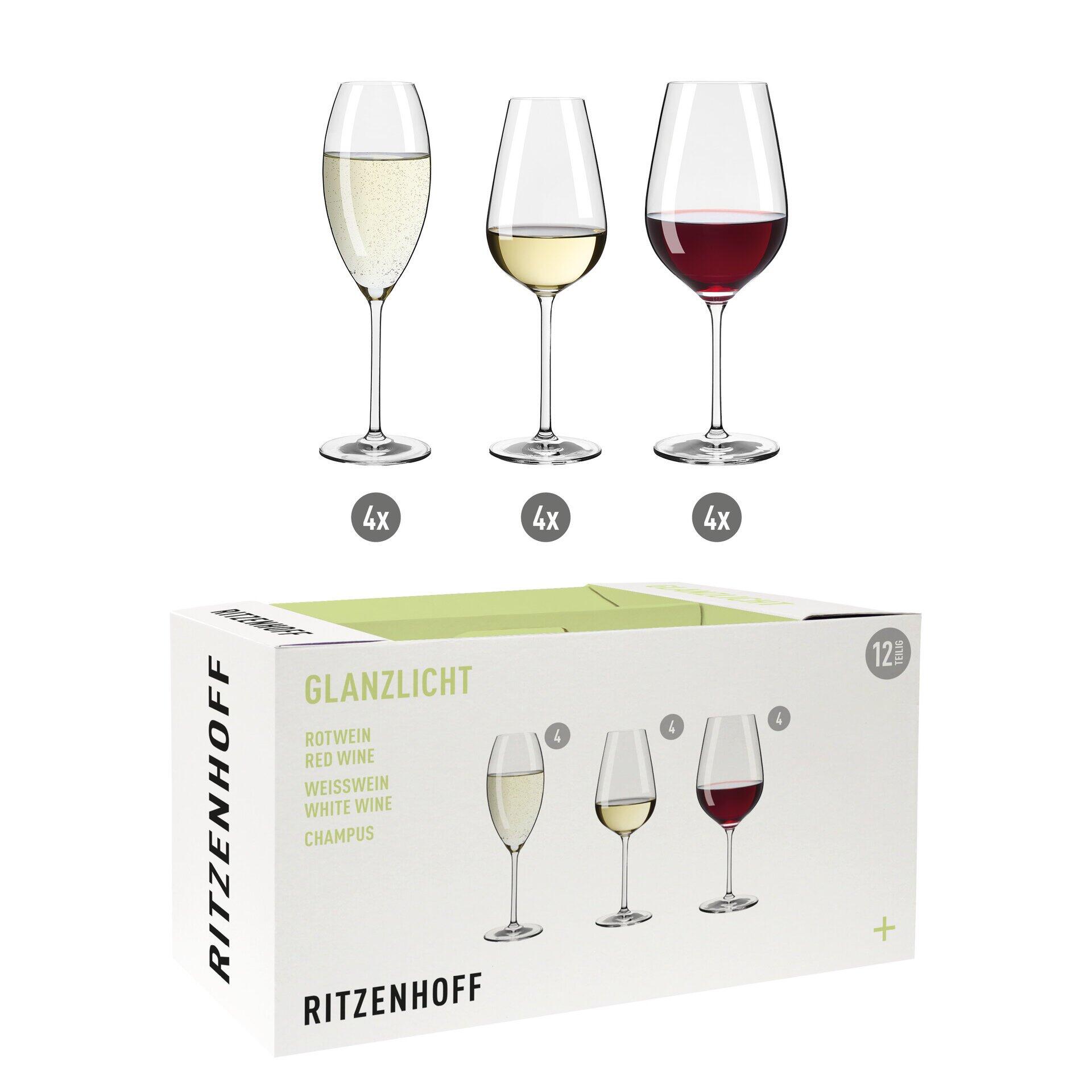 Weinglas-Set "GLANZLICHT" von RITZENHOFF: Übersichtsansicht mit vier Rotwein-, Weißwein- und Champagnergläsern, jeweils präsentiert in quadratischen Boxen.