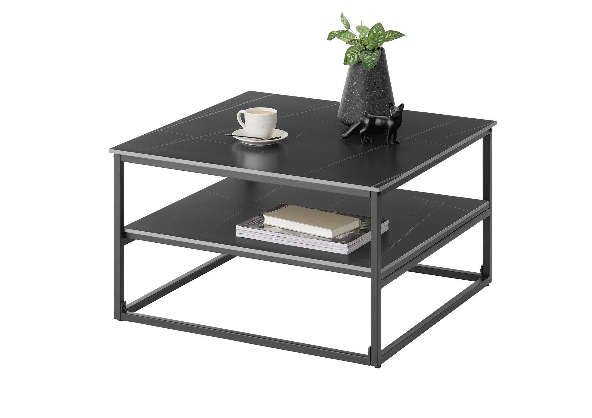 Couchtisch Tilda 3 mit rechteckiger, dunkelgrauer Marmor-Optik-Tischplatte, schwarzem Metallgestell, Ablagefläche und gebogener Kante, aus schräger Perspektive.