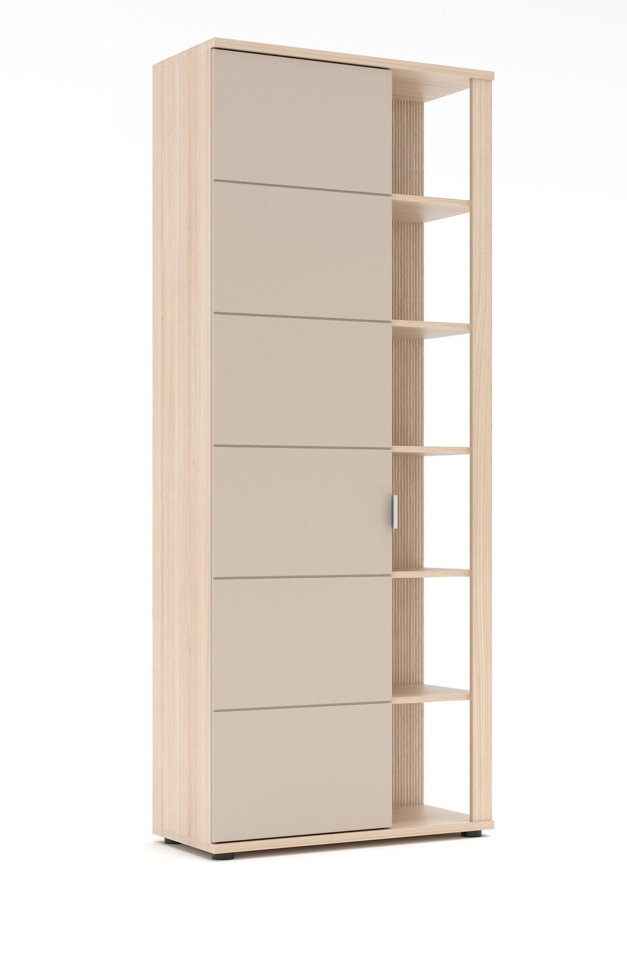 Garderobenschrank Basel-G mit Abs. Eiche Lamellendekor und Cashmere-supermatt-Front, dargestellt in 3/4-Perspektive mit drei Schubladen, abschließbarem Element und offenen Regalen auf schwarzen Füßen.
