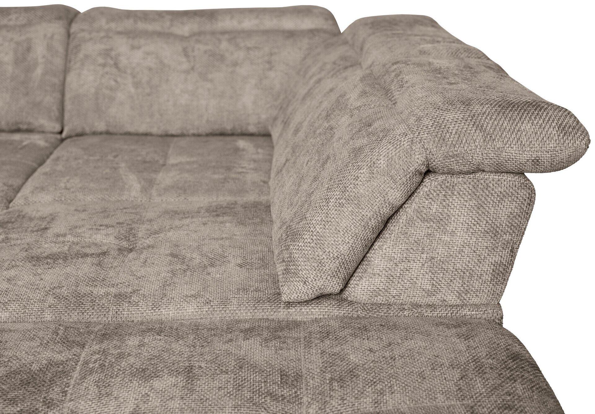Detailaufnahme eines grauen, strukturierten Ecksofas mit bequemen Kissen.