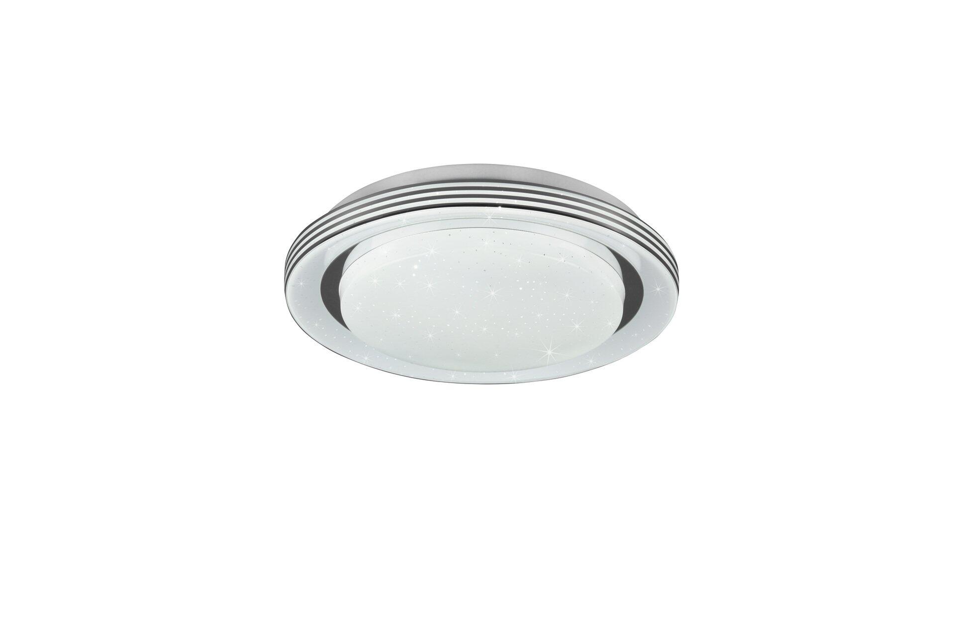 Deckenleuchte Atria mit stufenlos einstellbarer Lichtfarbe und Starlight-Effekt, dargestellt in Frontalperspektive mit silbernen Ringen und funkelnden Lichtpunkten.