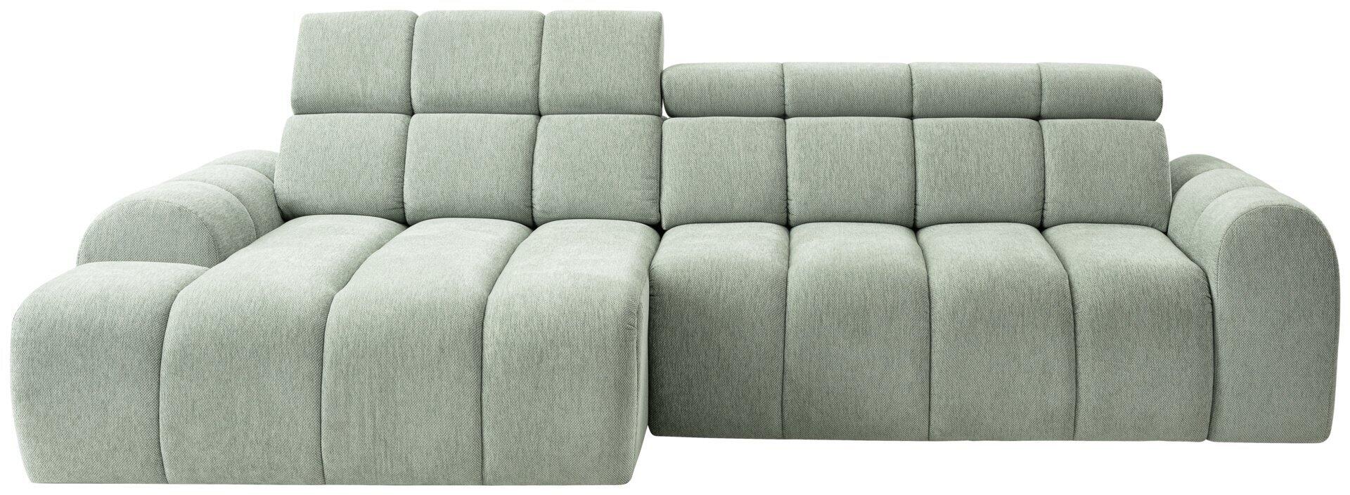Hellgraues Ecksofa Corfu mit weichen, runden Armlehnen und einer abgewinkelten L-Form für zusätzlichen Sitzplatz.
