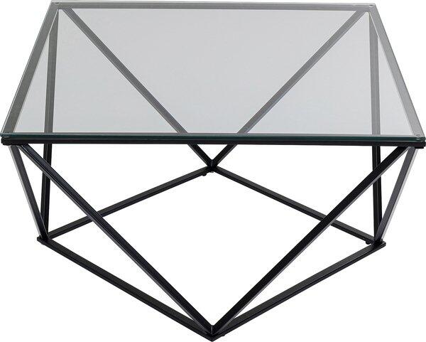 Couchtisch Cristallo Schwarz aus Sicherheitsglas mit einem geometrischen, diamantartigen Fußgestell aus Stahl.