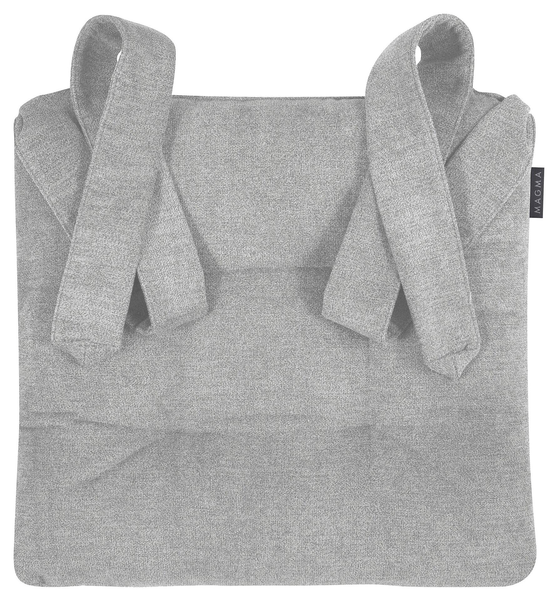 Graues Stuhlkissen Alfa Modell 37 aus Velour mit Bindebändern und Steppung, detailreich aus der Frontalperspektive dargestellt.