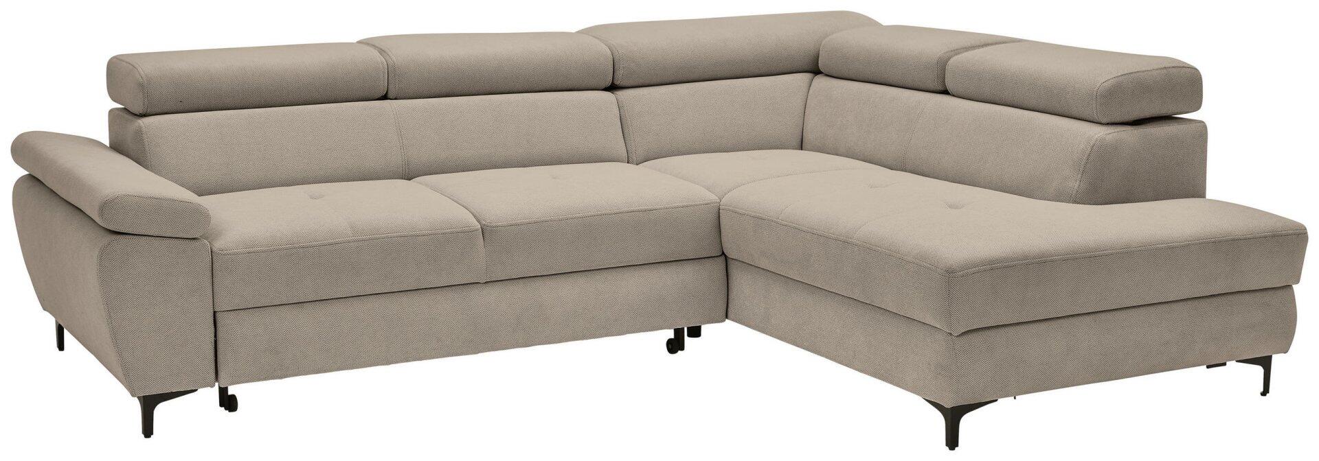 Ecksofa Combo in grauer Farbgebung, seitlich dargestellt mit abklappbaren Kopfstützen, verstellbaren Arm- und Rückenlehnen sowie integriertem Fußhocker und Rollen für flexible Positionierung.